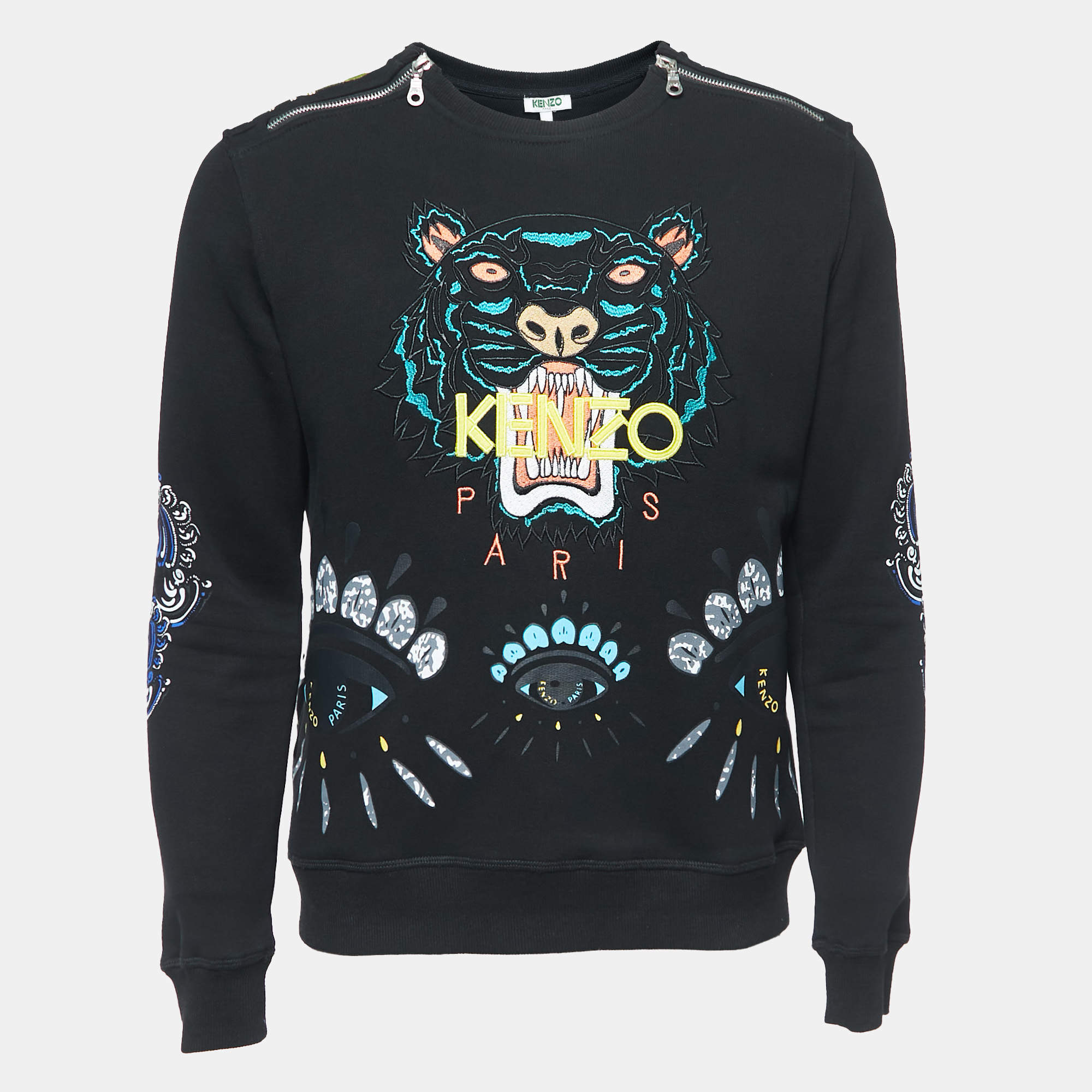Pre Owned Kenzo Black Logo Embroidered Cotton Zip Detail Sweatshirt L