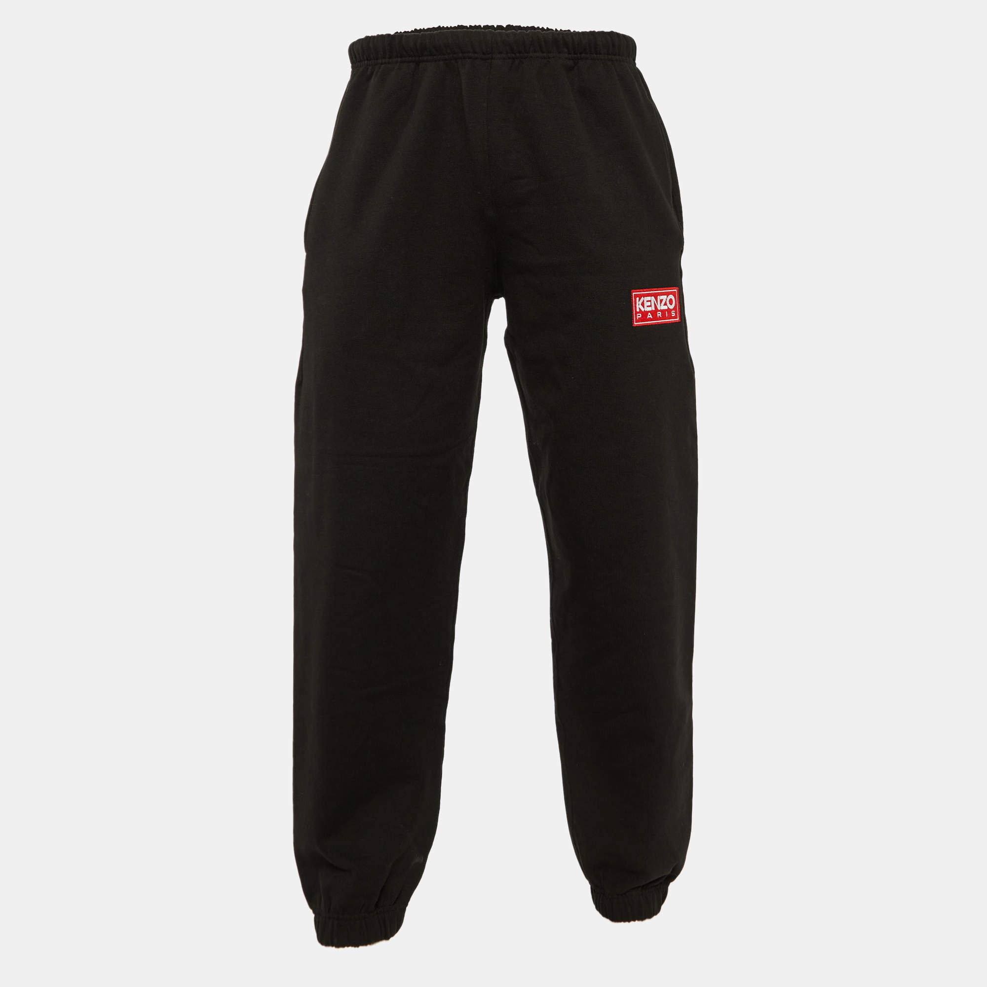 Pre Owned Kenzo Black Cotton Logo Patch Drawstring Joggers S