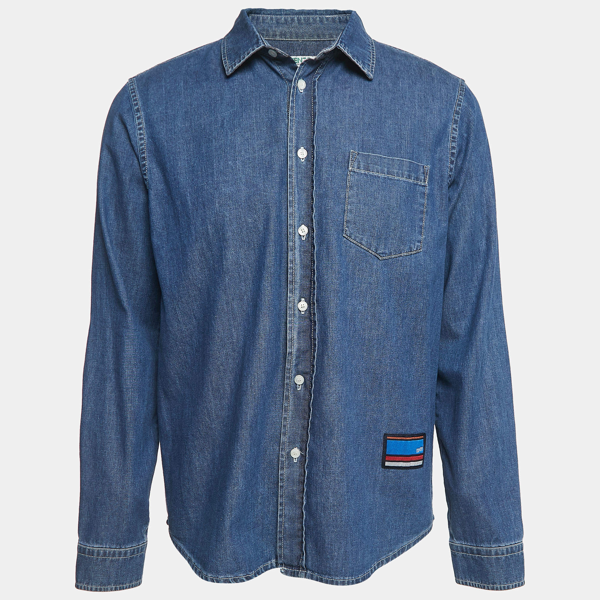 Kenzo Blue Denim Logo Patch Button Front Shirt M