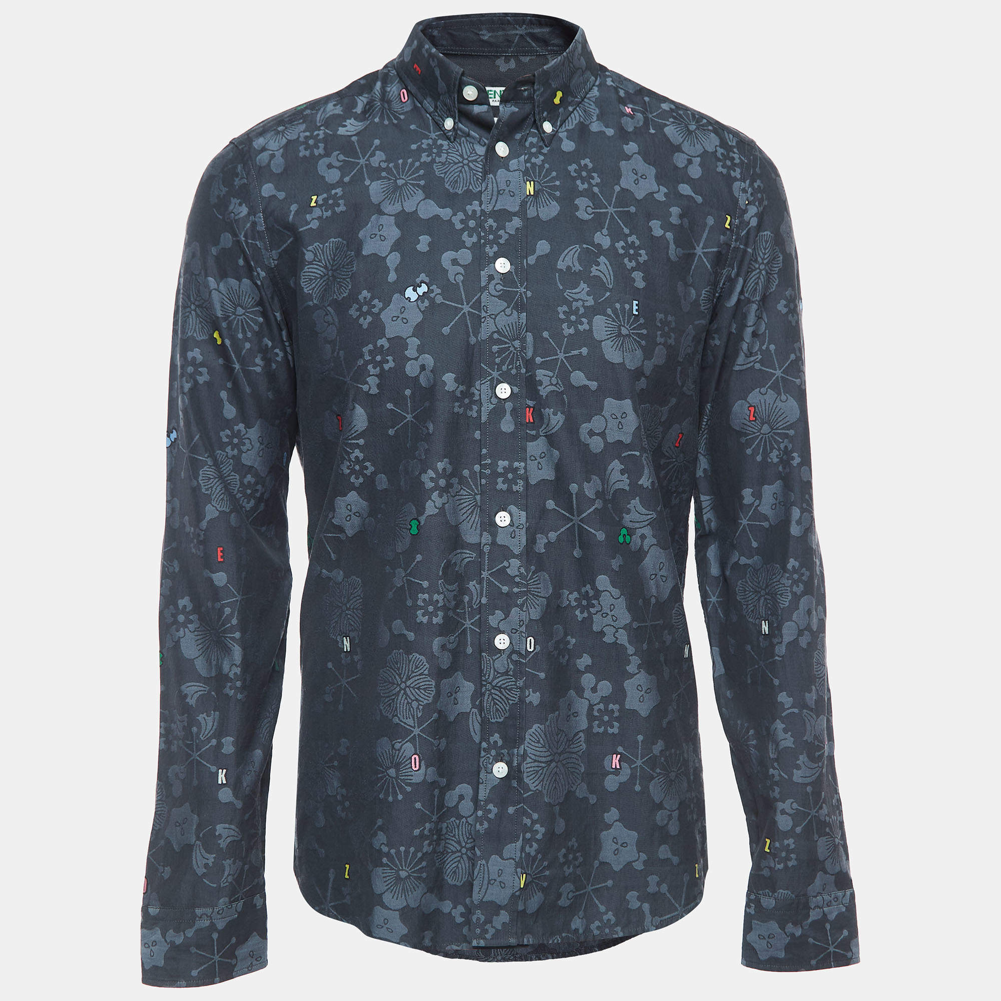 Pre Owned Kenzo Navy Blue Floral Patterned Button Down Full Sleeve Shirt M