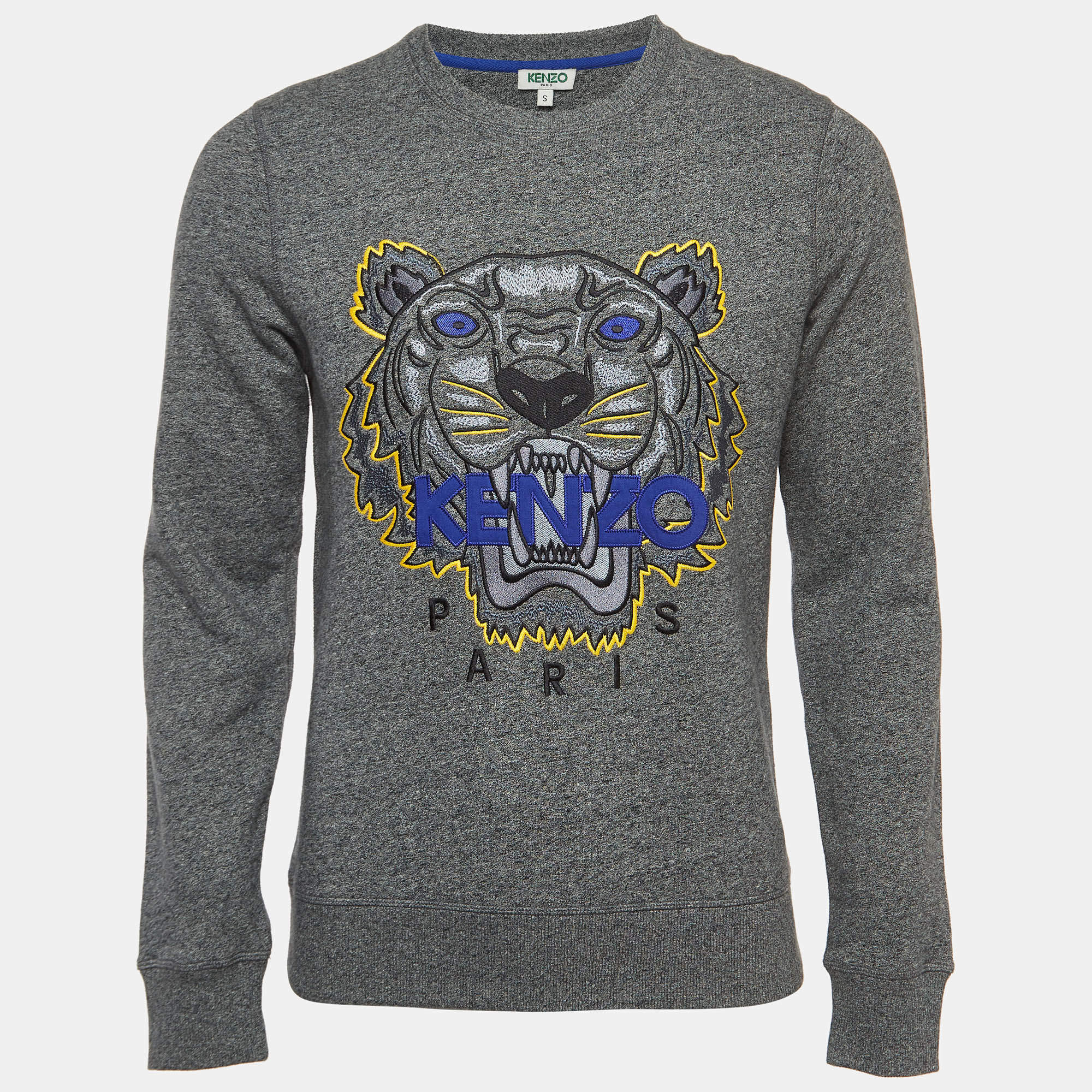 Pre Owned Kenzo Grey Logo Tiger Embroidered Cotton Crew Neck Sweatshirt S