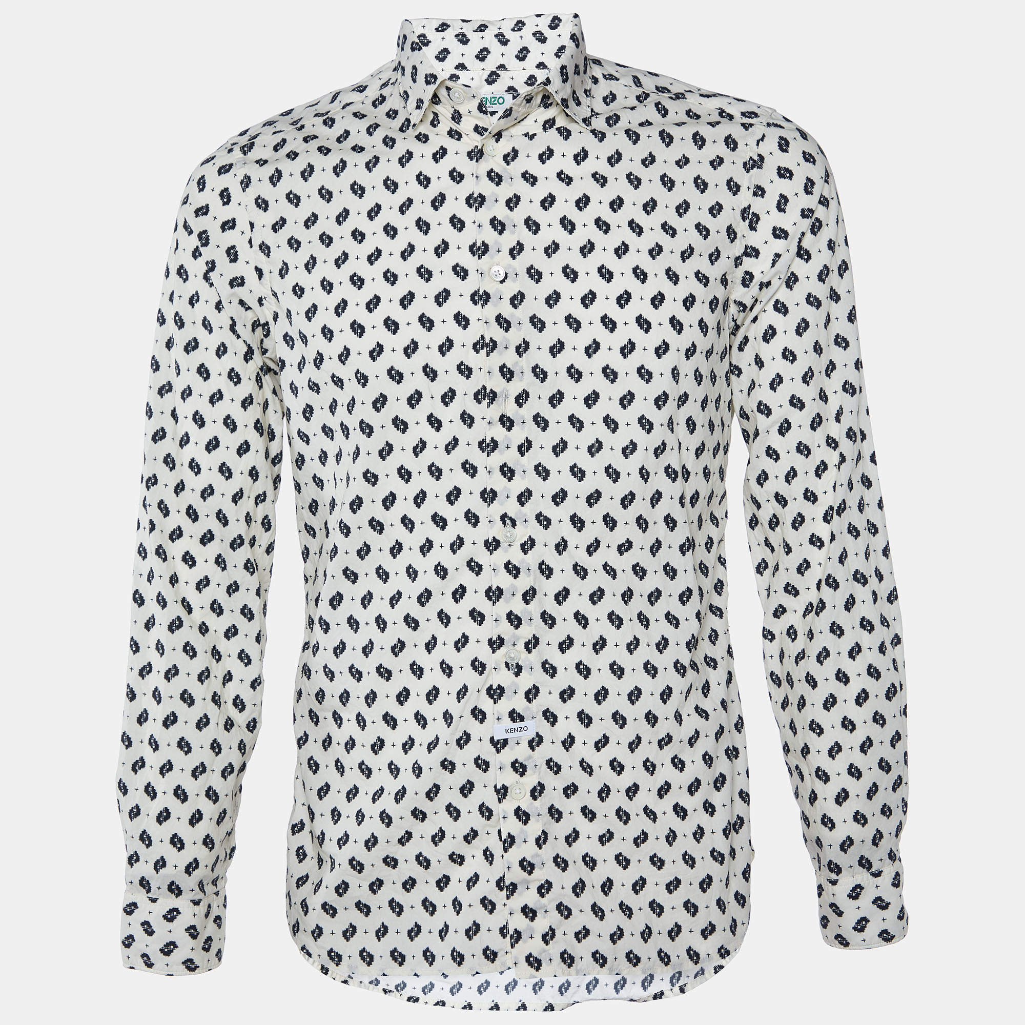 Pre Owned Kenzo White Ikat Print Cotton Slim Fit Long Sleeve Shirt M