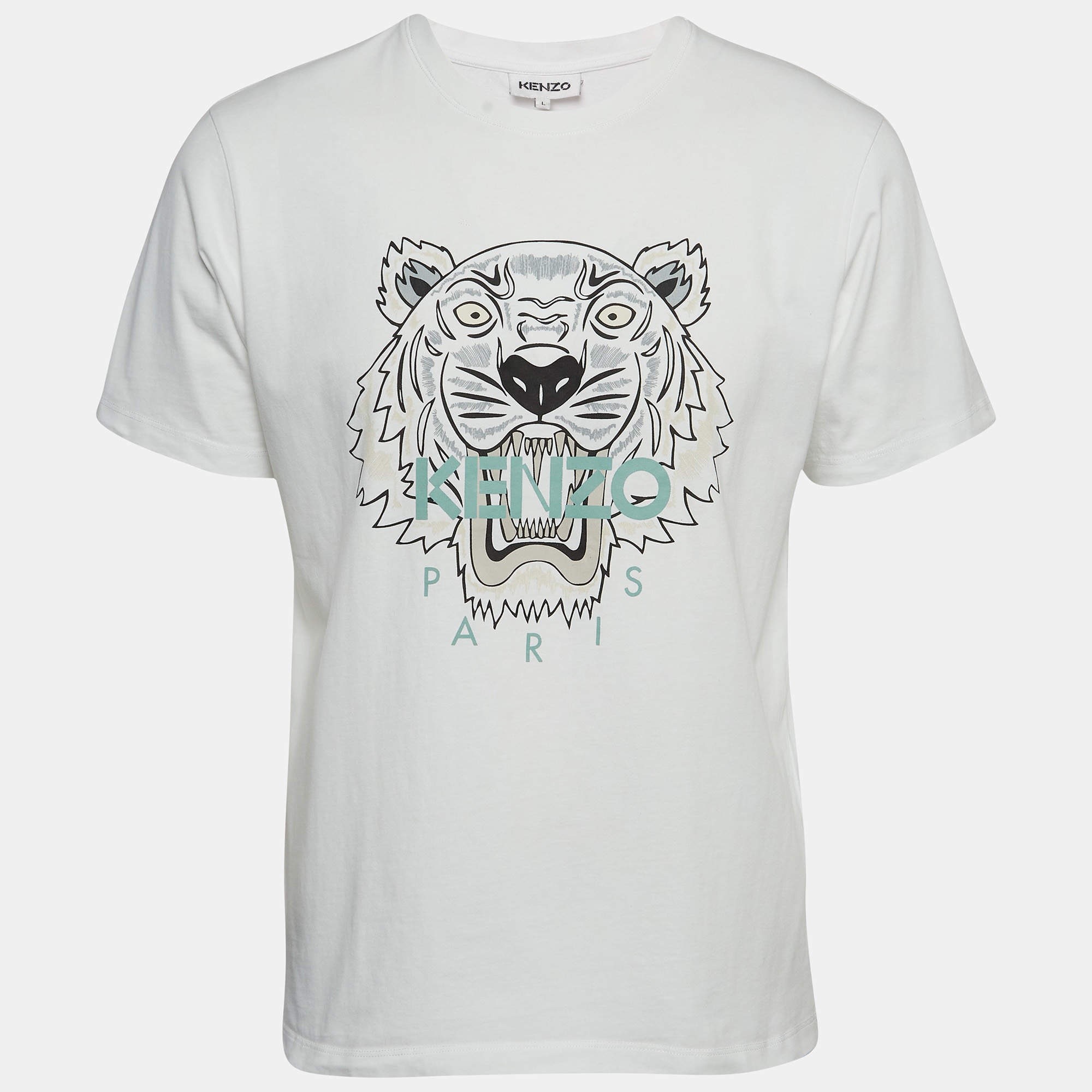Pre Owned Kenzo White Logo Print Cotton Knit Crew Neck T-Shirt L