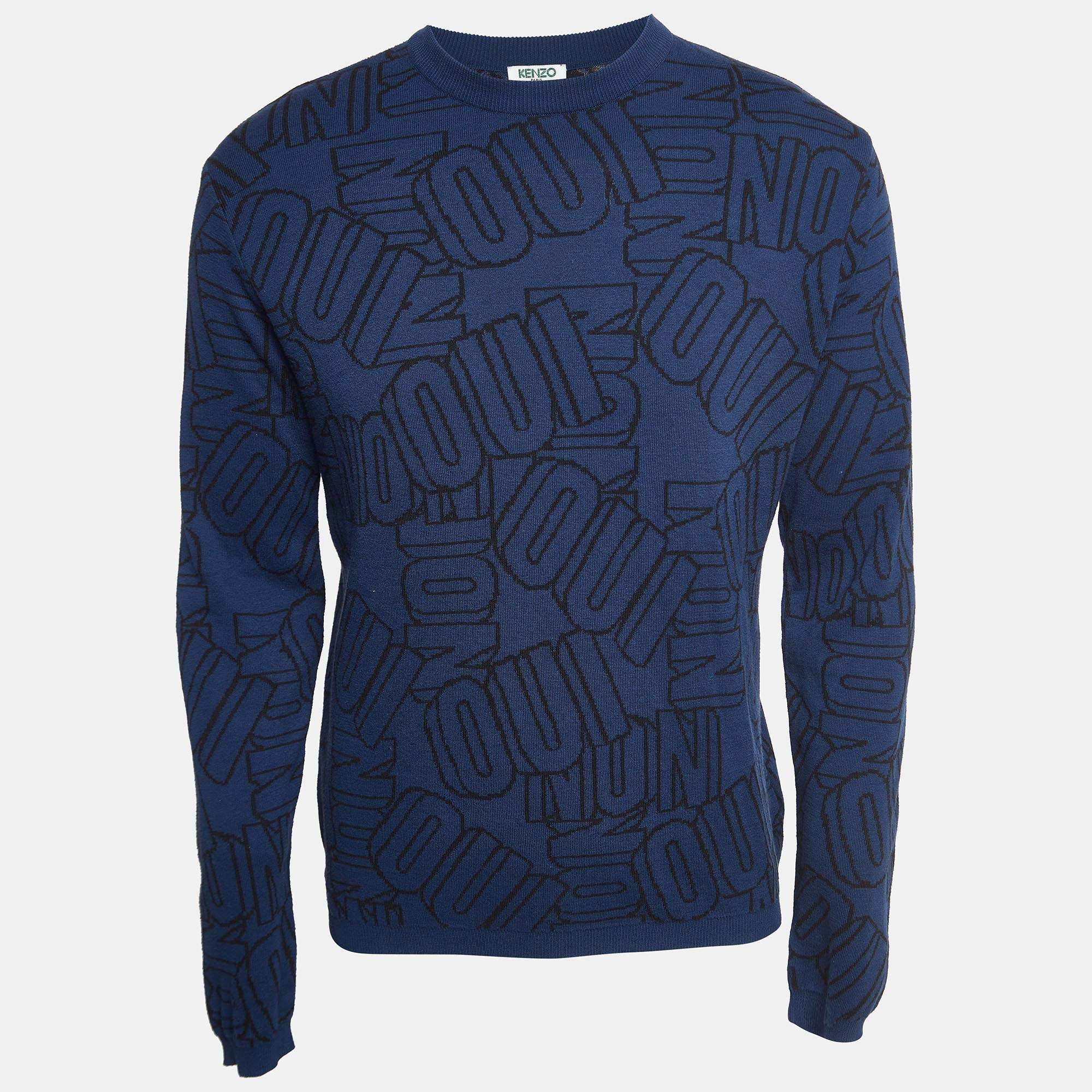 مملوكة مسبقًا Kenzo Navy Blue Logo Intarsia Knit Crew Neck Sweatshirt M