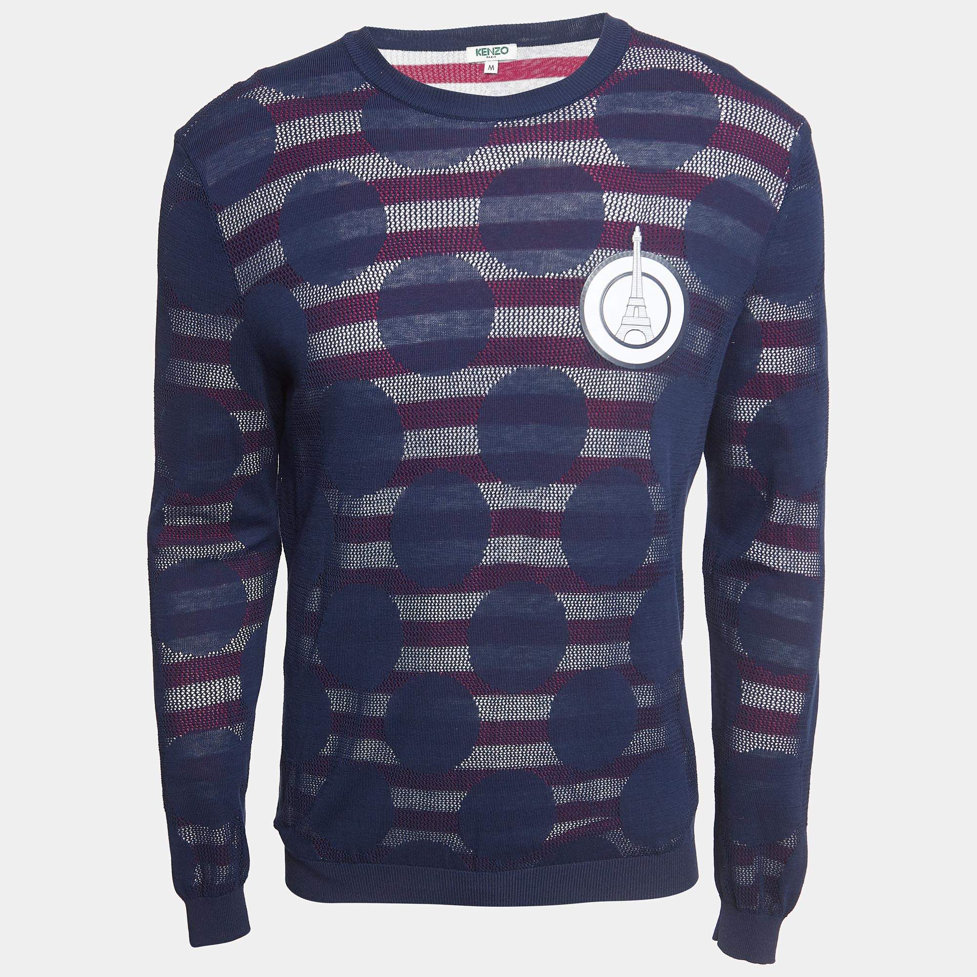 مملوكة مسبقًا Kenzo Navy Blue Knit Layered Crew Neck Sweatshirt M