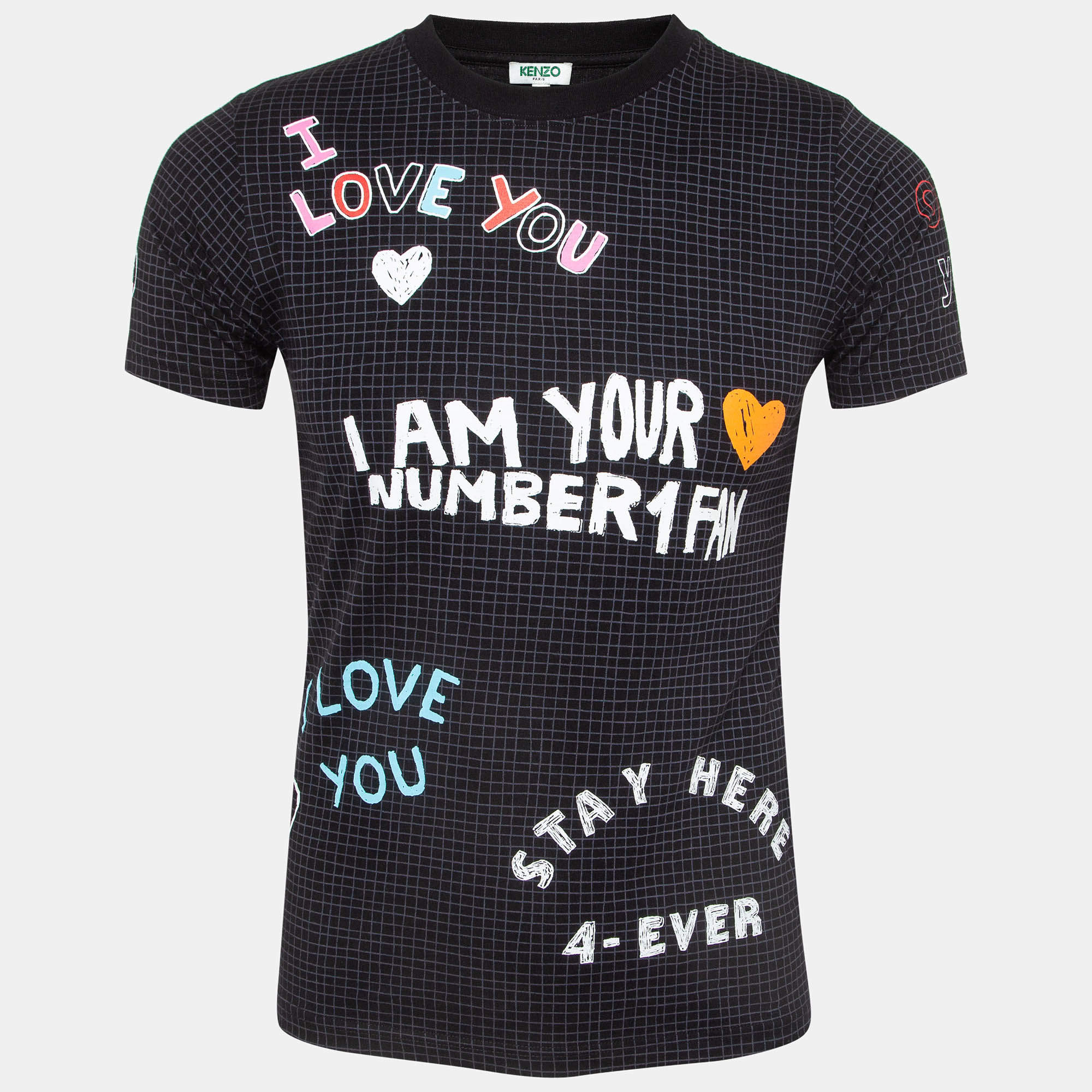 Pre Owned Kenzo Black ‘i Love You' Fan Sign Cotton Crew Neck T-shirt XS