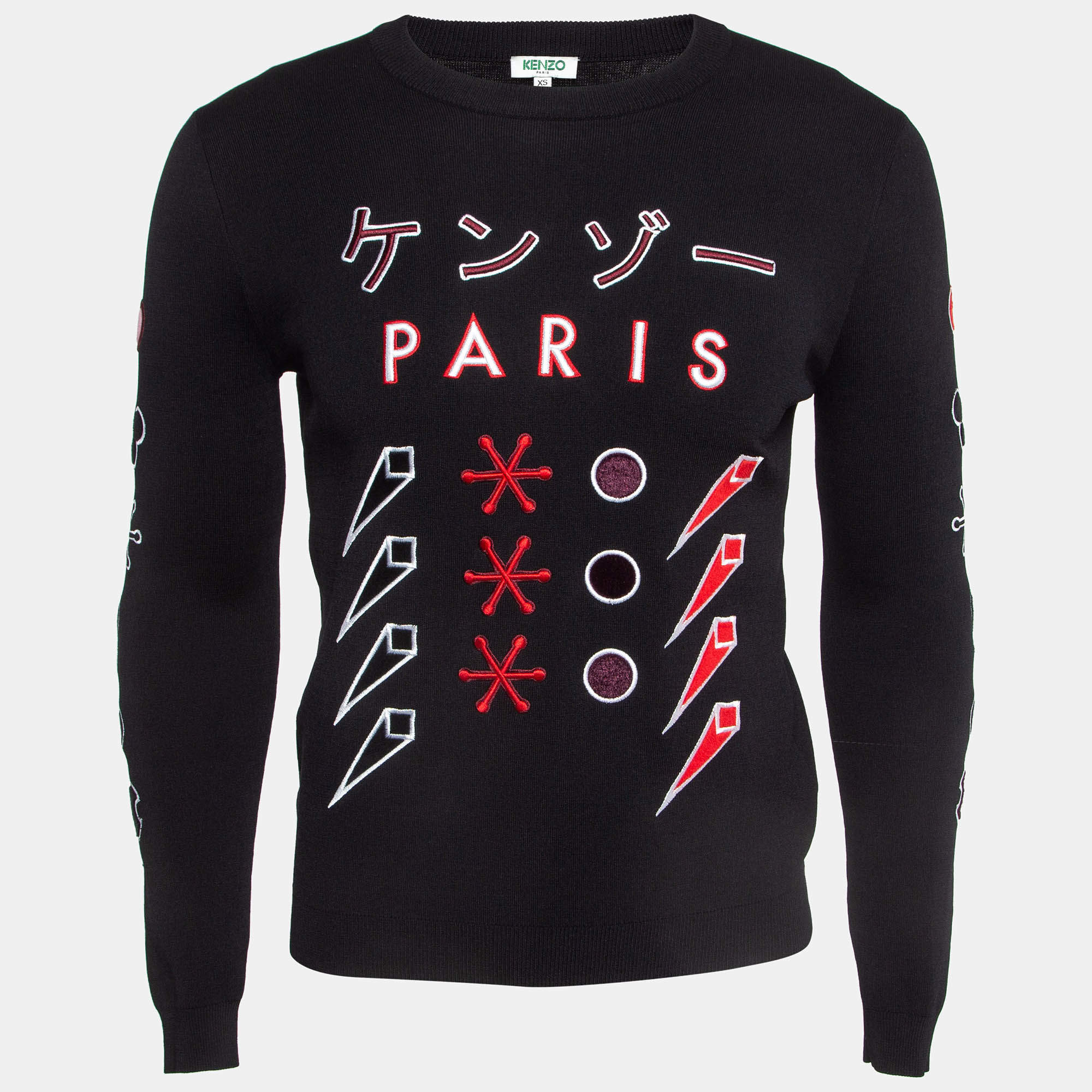 Pre Owned Kenzo Black Embroidered Knit Crew Neck Sweatshirt XS