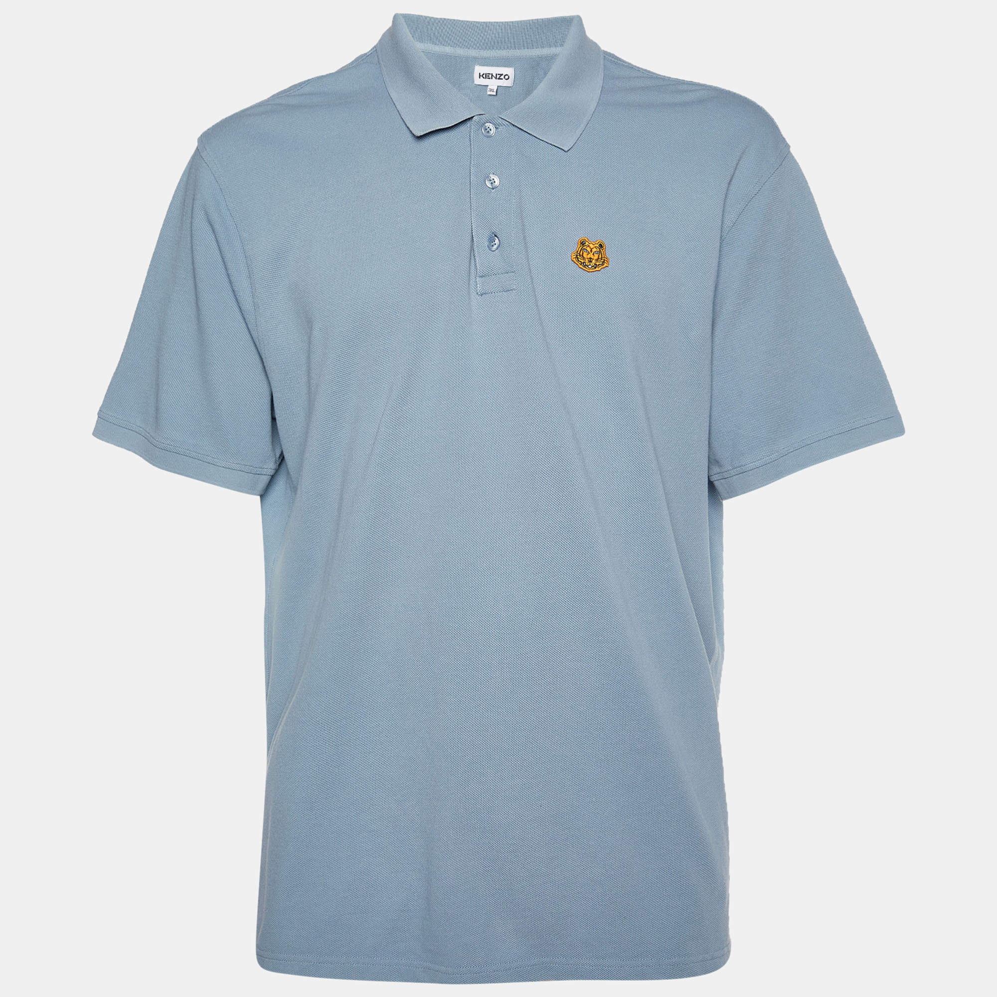 Pre Owned Kenzo Pale Blue Cotton Tiger Detail Polo T-Shirt XXXL