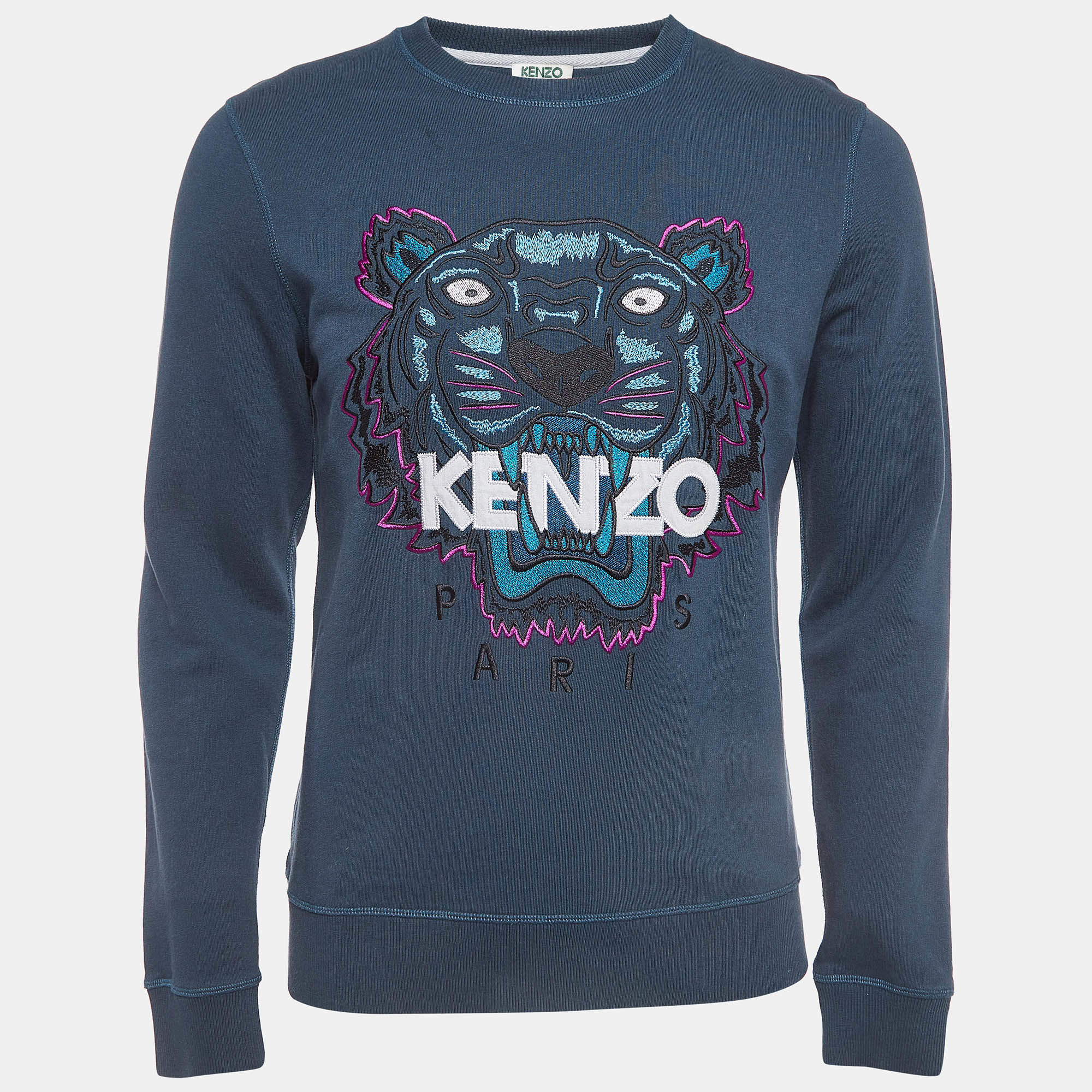 Pre Owned Kenzo Teal Blue Logo Tiger Embroidered Cotton Sweatshirt M