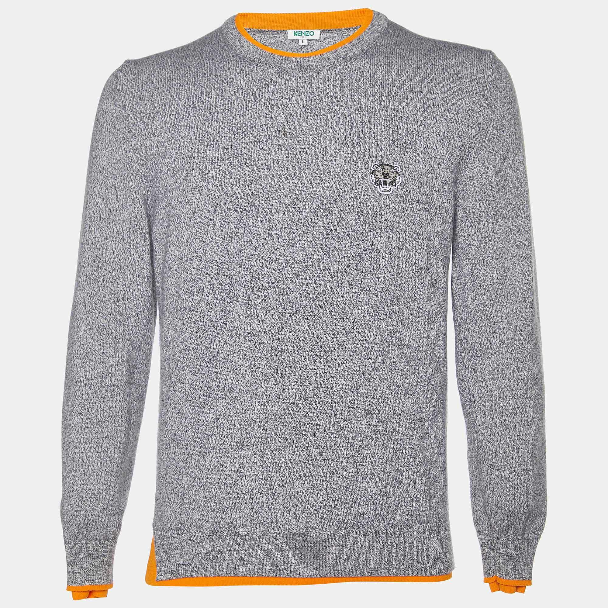 مملوكة مسبقًا Kenzo Grey Melange Wool Knit Crew Neck Sweater L