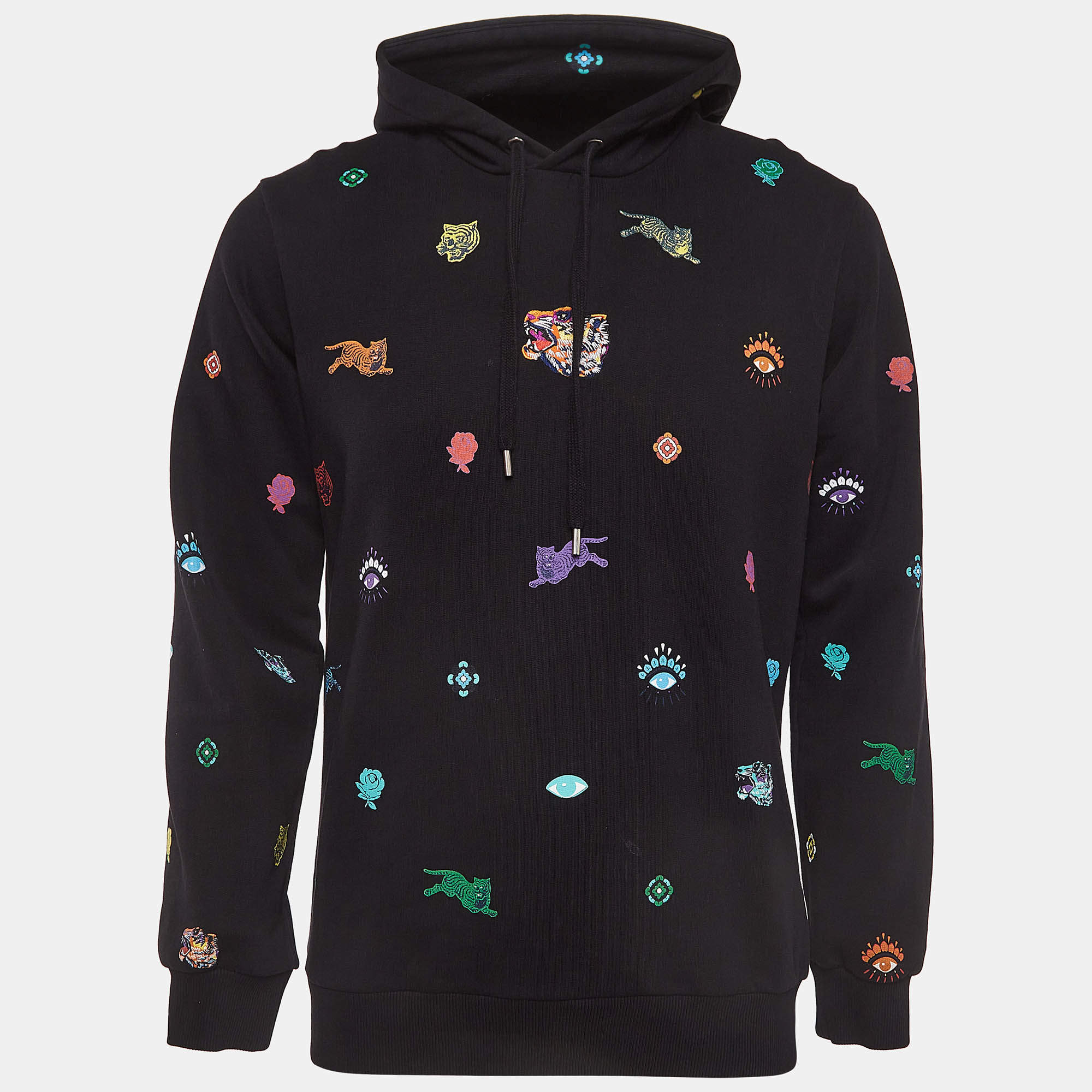 Pre Owned Kenzo Black All Over Print Cotton Long Sleeve Hoodie S