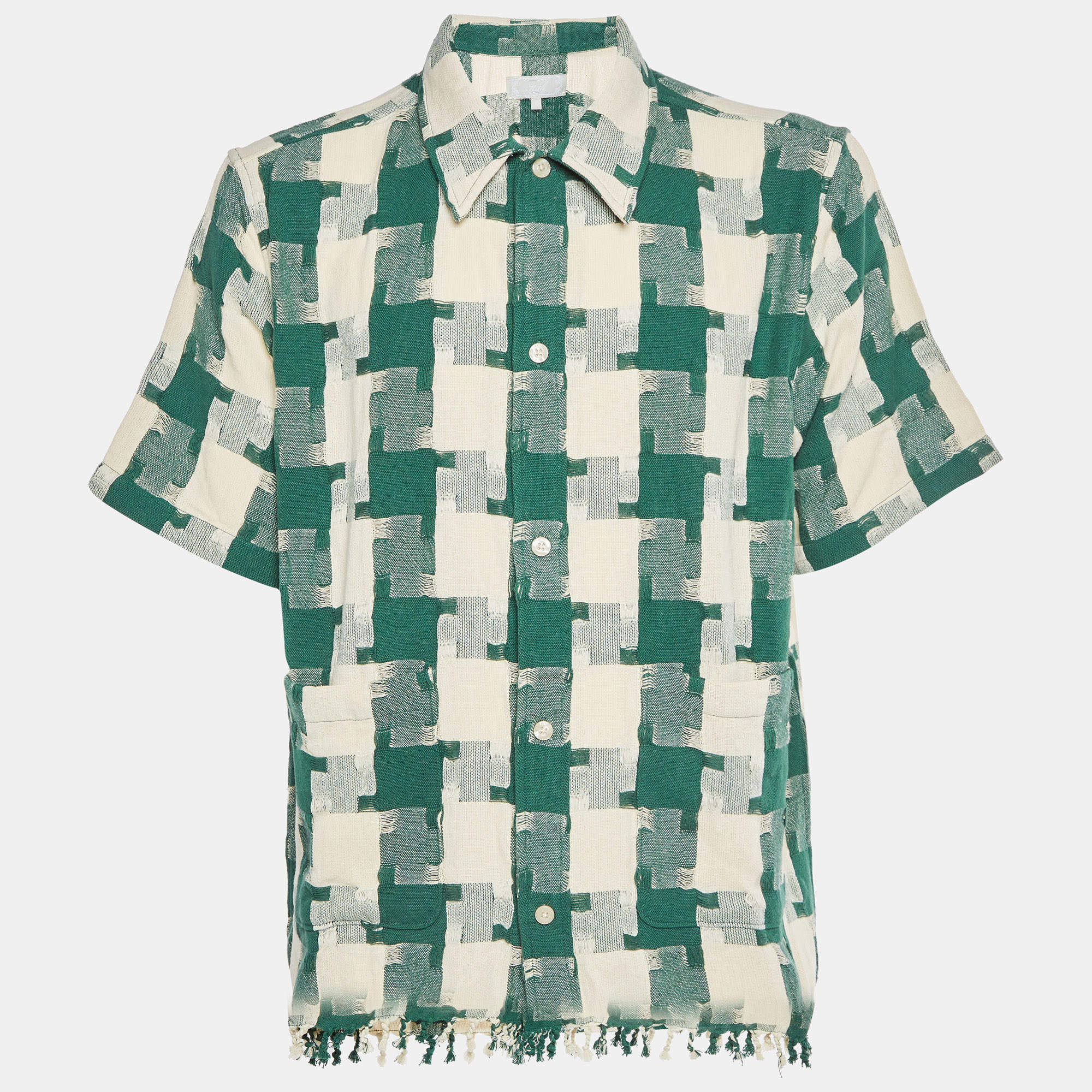 Pre Owned Kith Green/Cream Jumbo Houndstooth Canvas Short Sleeve Overshirt L