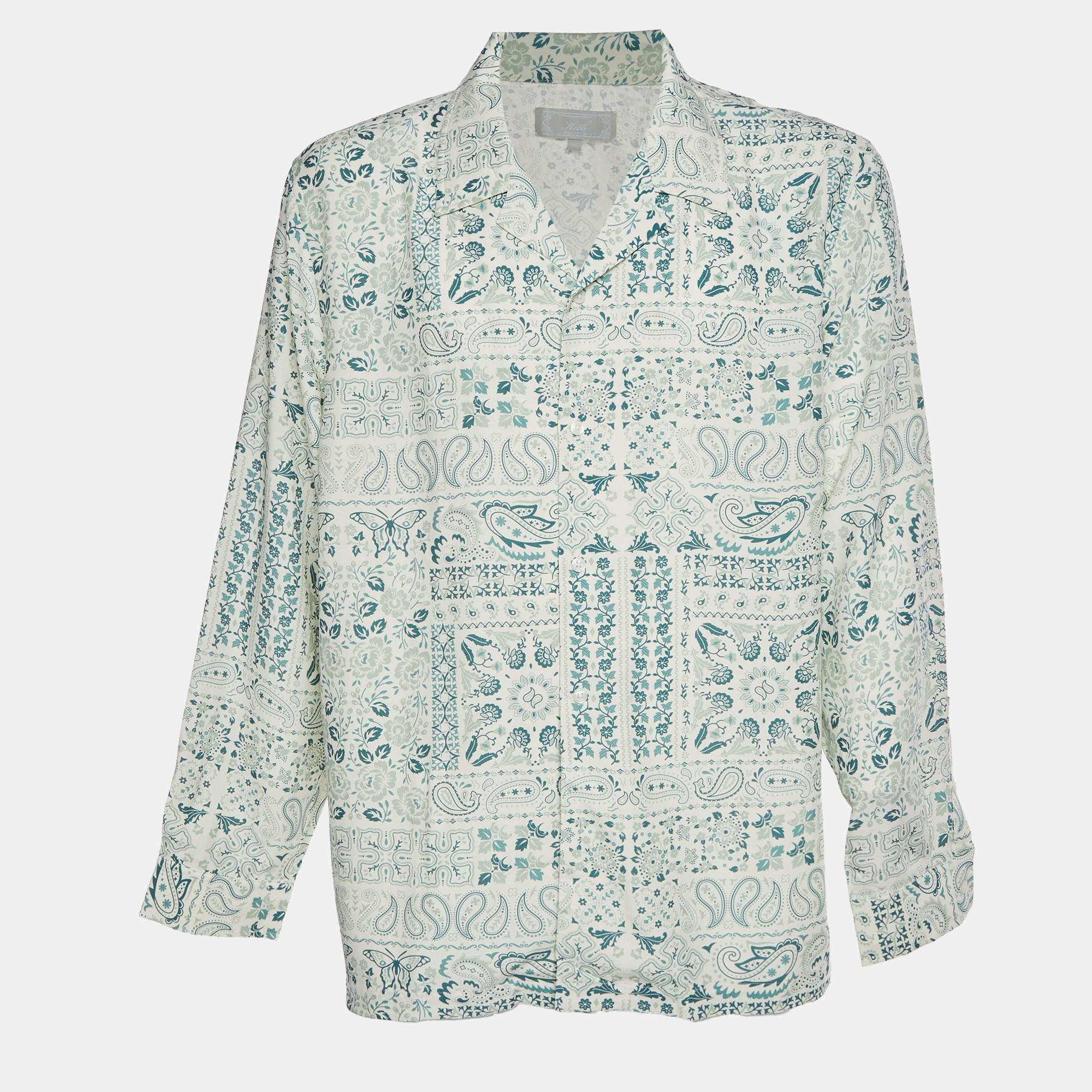 Pre Owned Kith Cream/Green Paisley Print Cotton Blend Long Sleeve Shirt XL