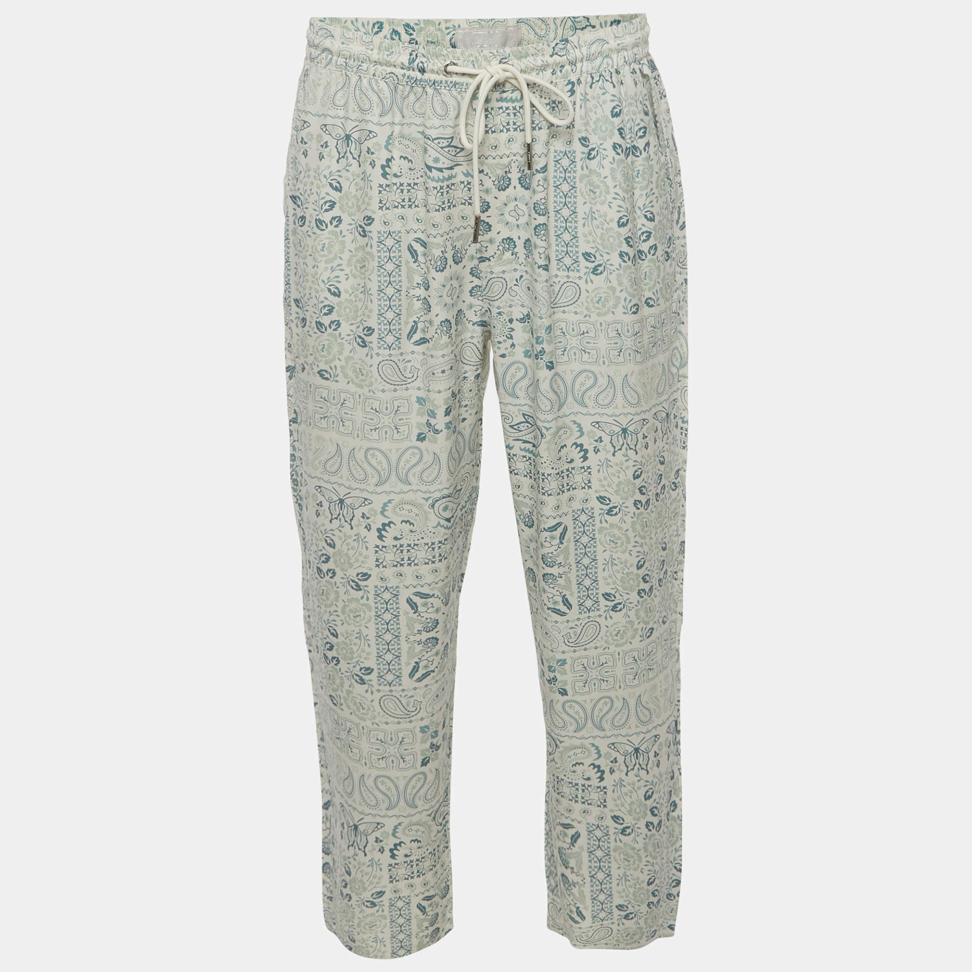 Pre Owned Kith Cream/Green Paisley Print Silk Blend Barrow Pants L