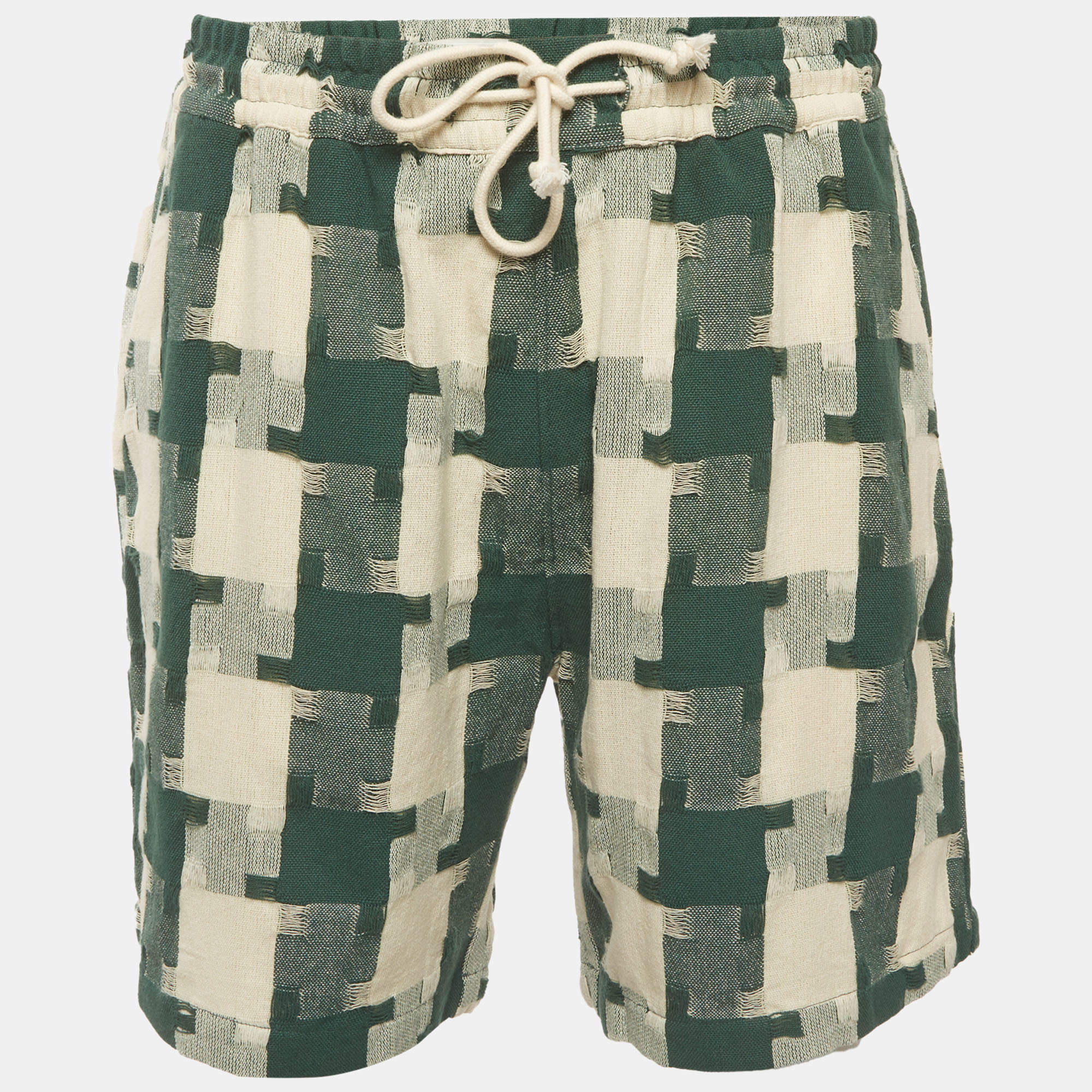 Pre Owned Kith White/Green Jumbo Houndstooth Cotton Mason Shorts L