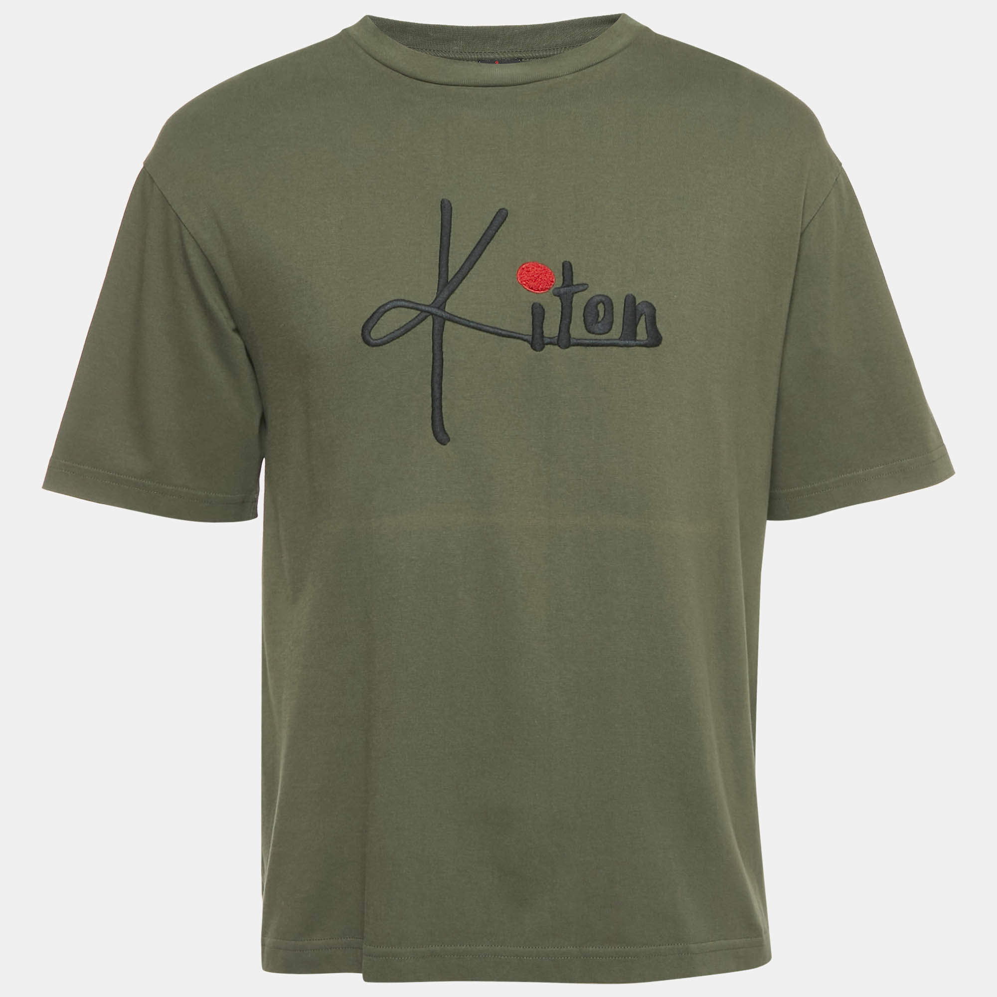 Pre Owned Kiton Olive Green Logo Embroidered Crewneck T-Shirt S