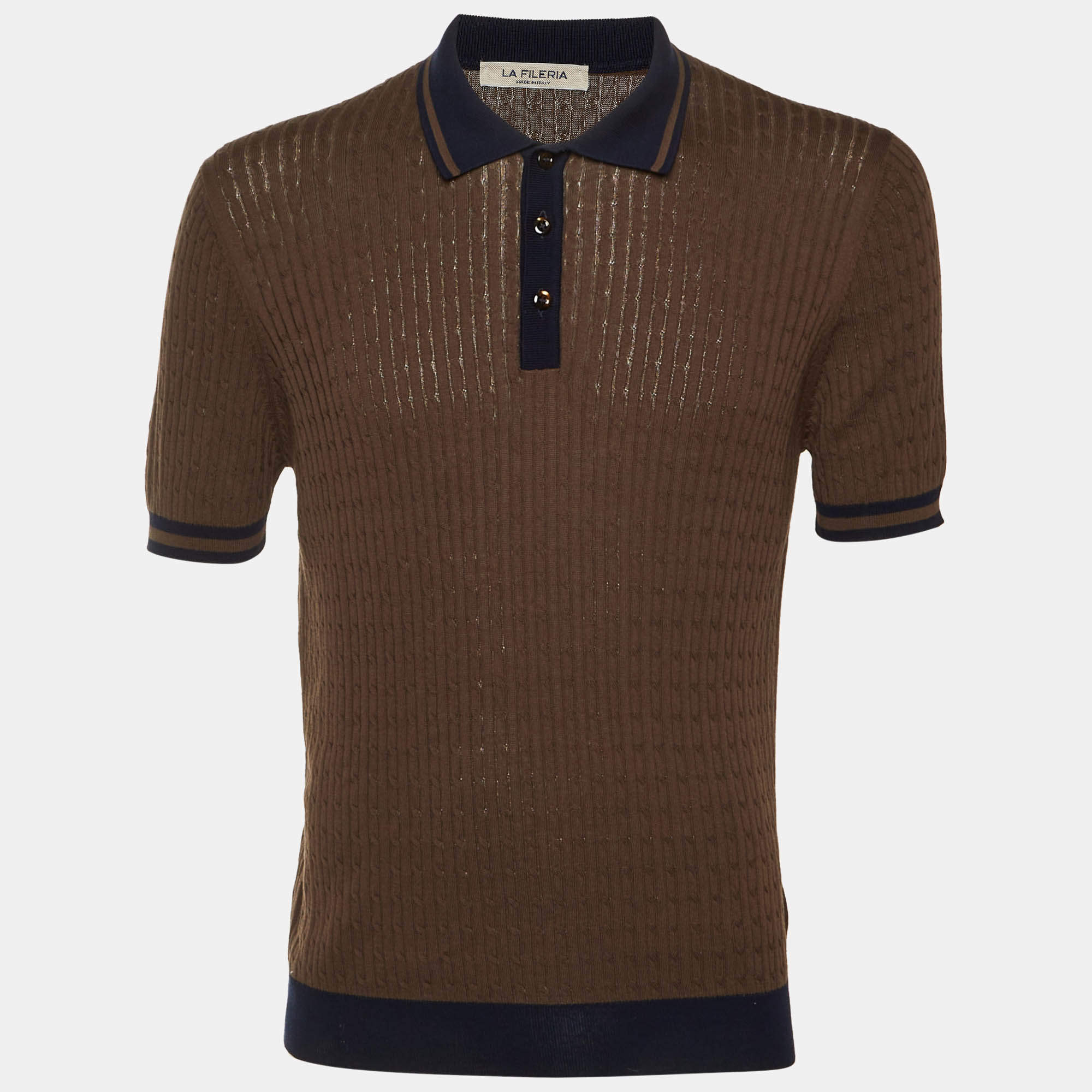 Pre Owned La Fileria Brown Cotton Cable Knit Polo T-Shirt L