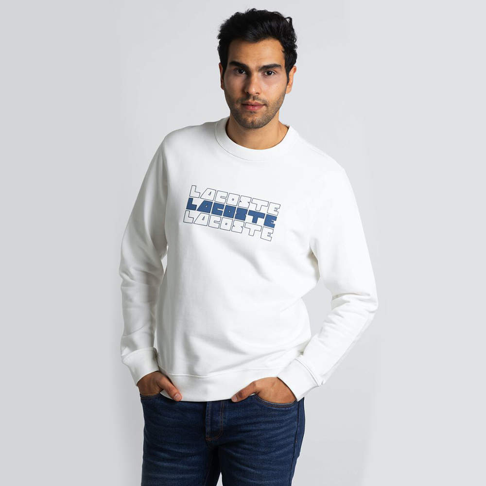 Lacoste White Crew Neck Lacoste Lettering Fleece Sweatshirt L (Available for UAE Customers Only)
