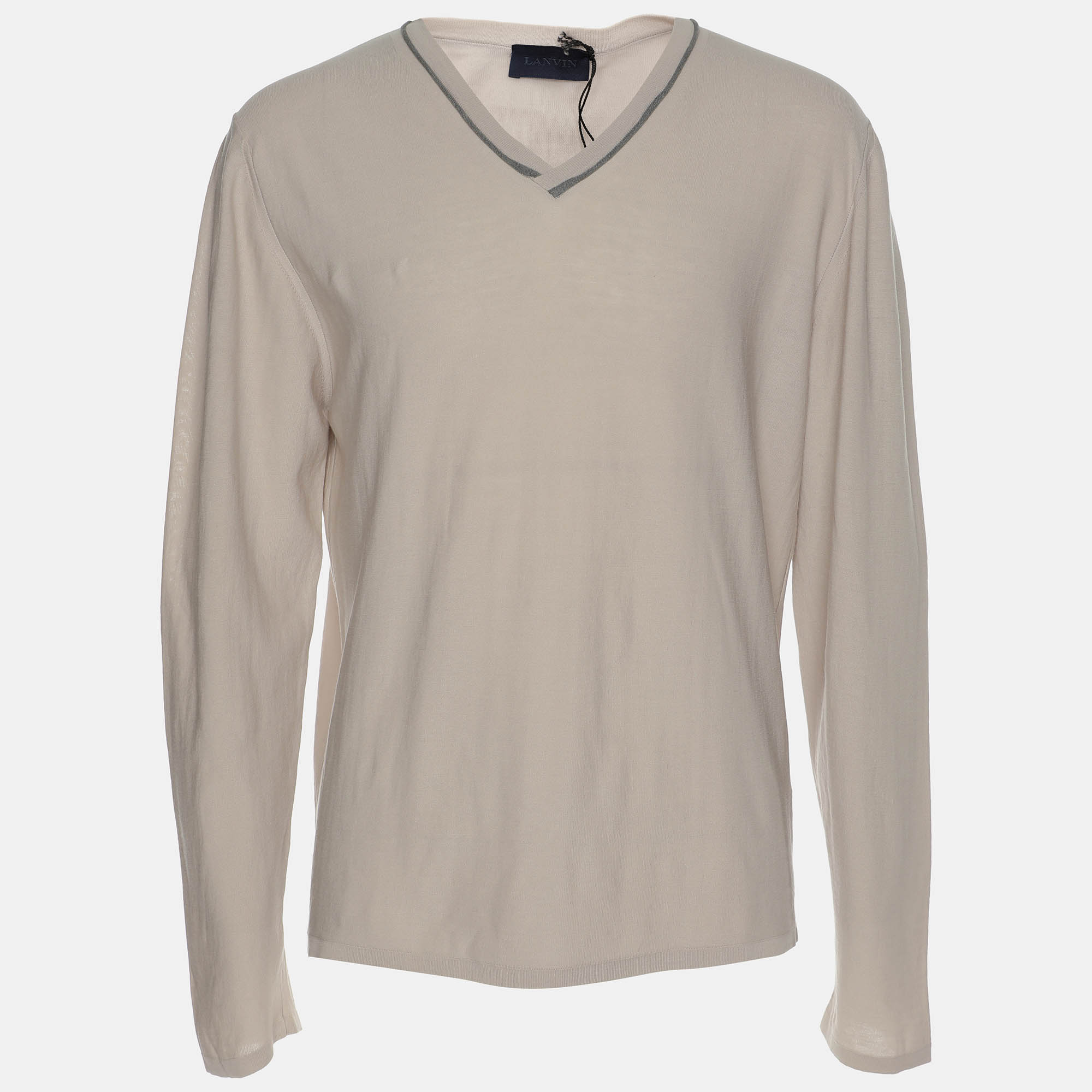 Pre Owned Lanvin Light Grey Cotton Knit V Neck Sweatshirt M