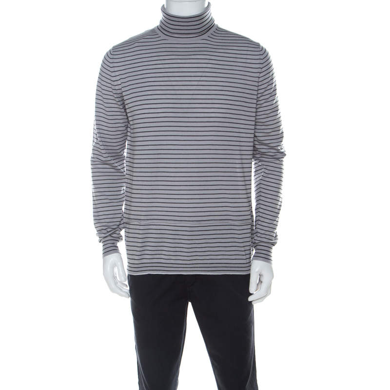 Lanvin Grey Wool Striped Turtle Neck Sweater L