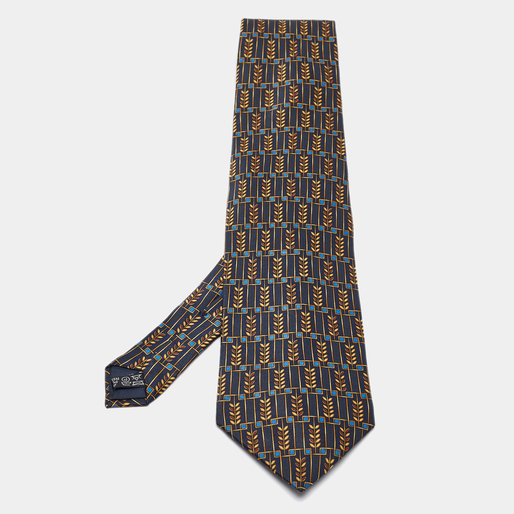 Pre Owned Lanvin Navy Blue Printed Satin Silk Traditional Tie