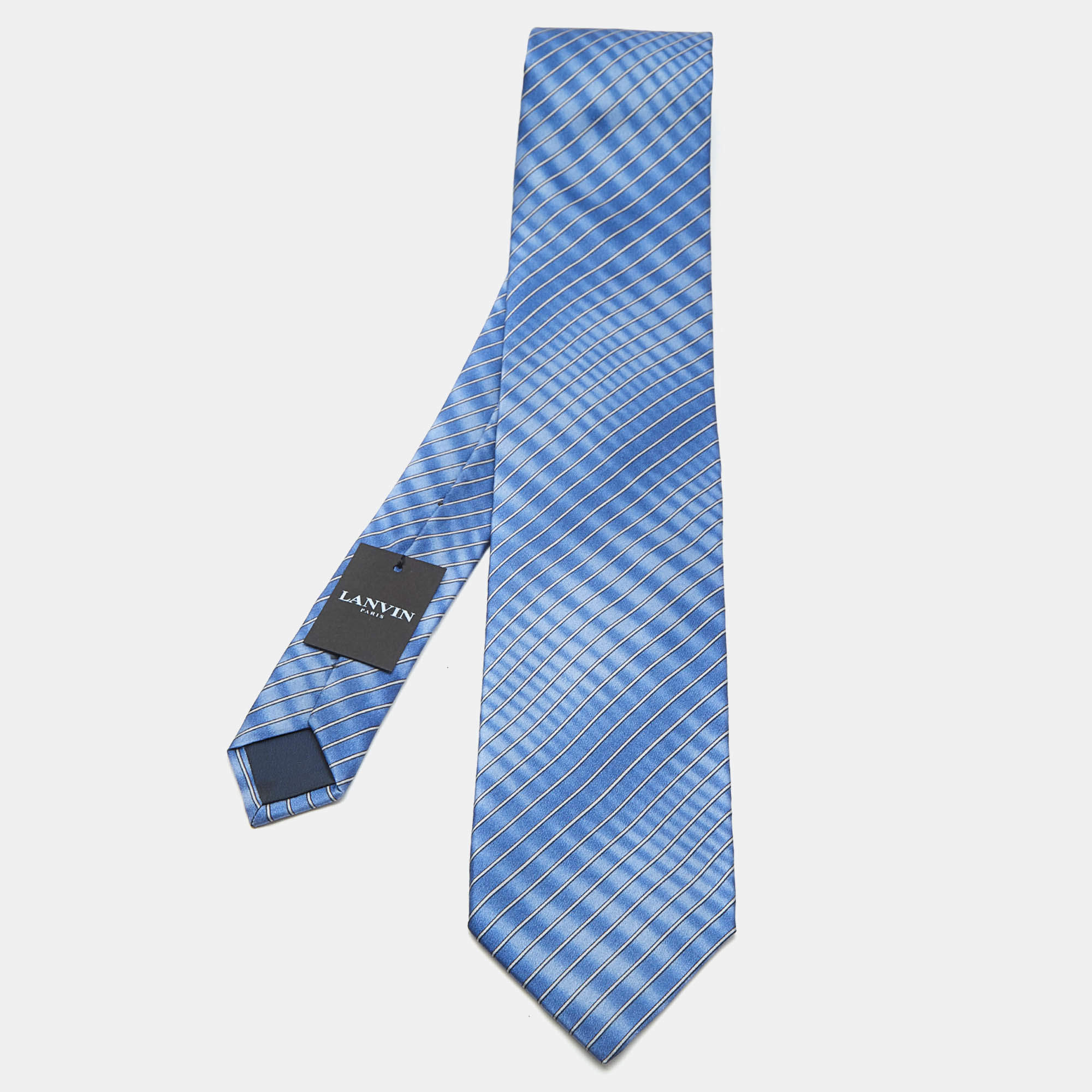 Pre Owned Lanvin Blue Diagonal Striped Silk Tie