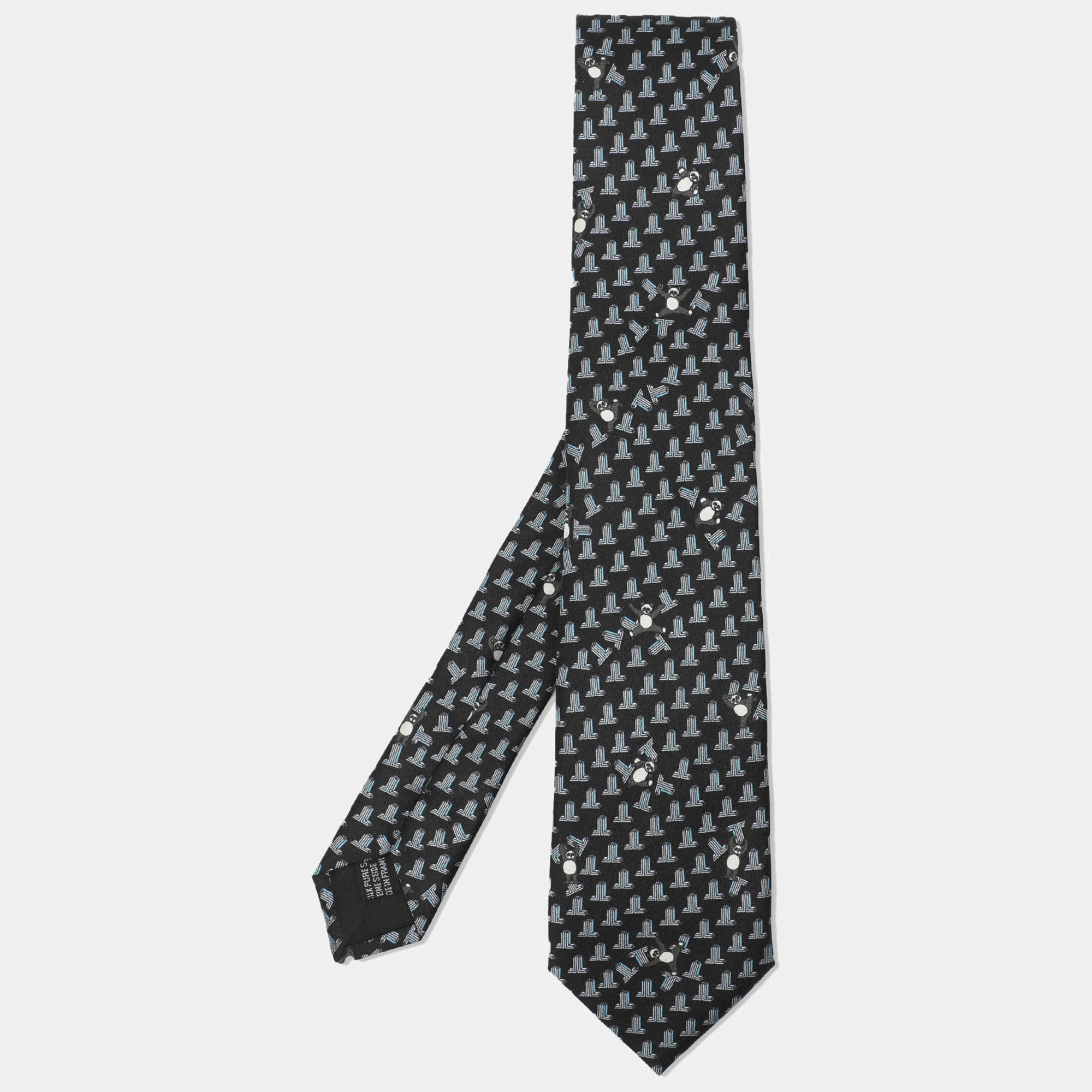 Pre Owned Lanvin Black/Blue Printed Silk Panda Motif Neck Tie