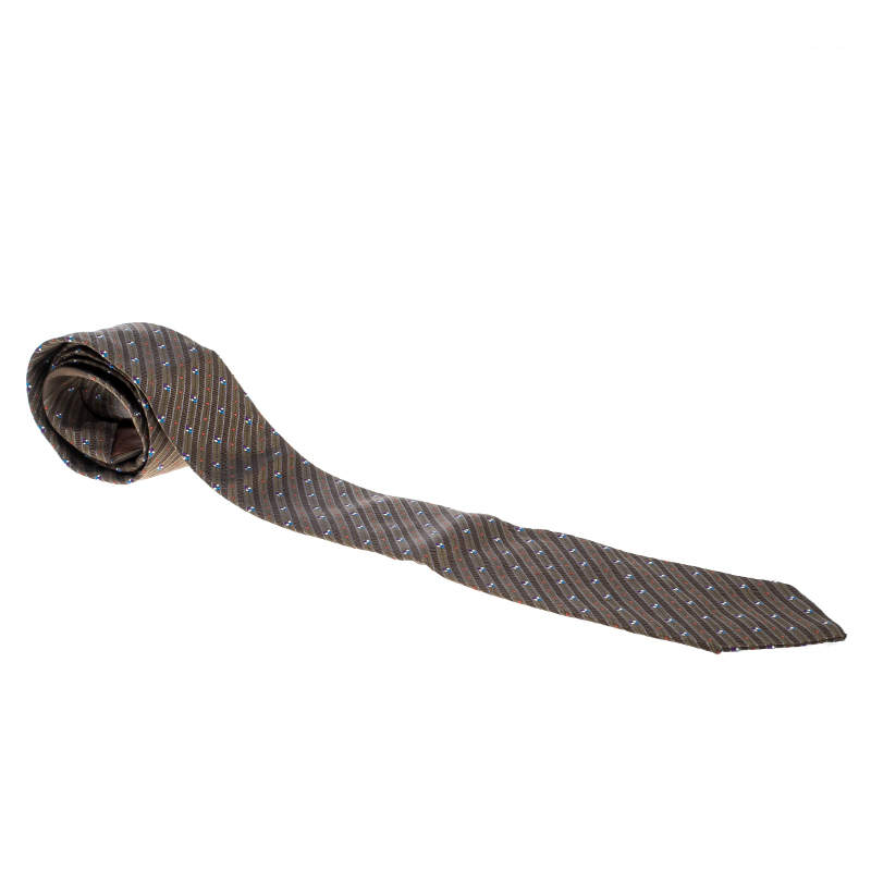 Lanvin Vintage Brown Diagonal Striped Embroidered Traditional Silk Tie