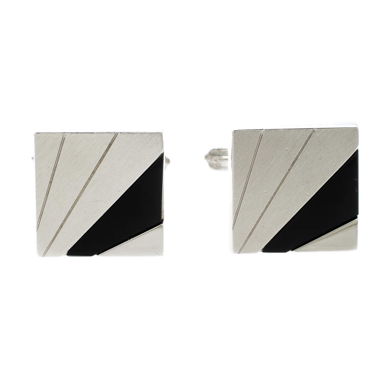 Pre Owned Lanvin Black Inlay Silver Tone Square Cufflinks