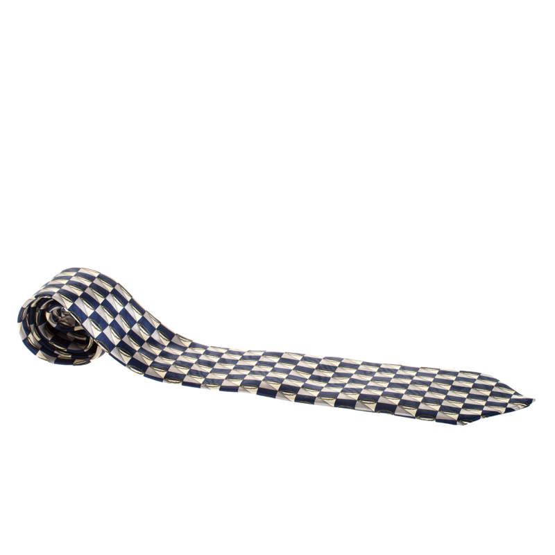 Lanvin Blue Checkered Leaf Print Silk Tie