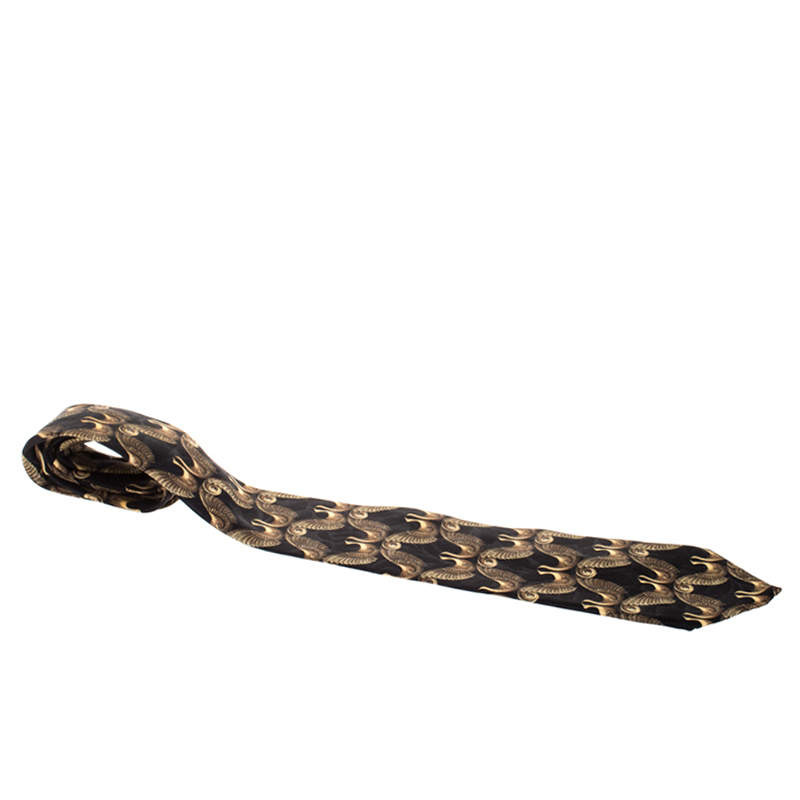 Lanvin Vintage Black and Gold Bird Print Silk Tie