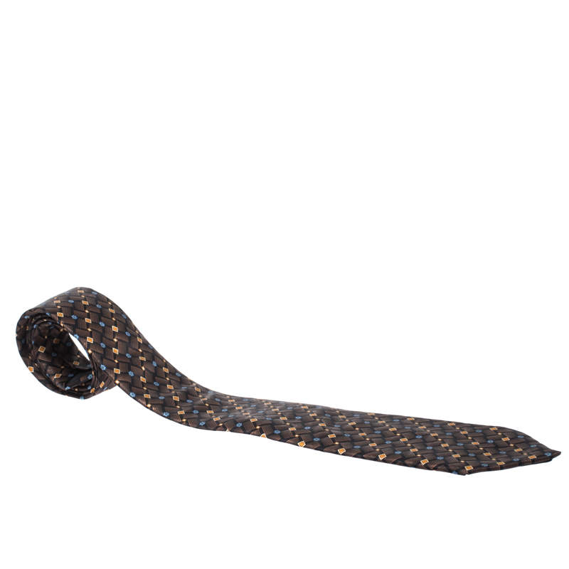 Pre Owned Lanvin Vintage Brown Printed Silk Traditional Tie