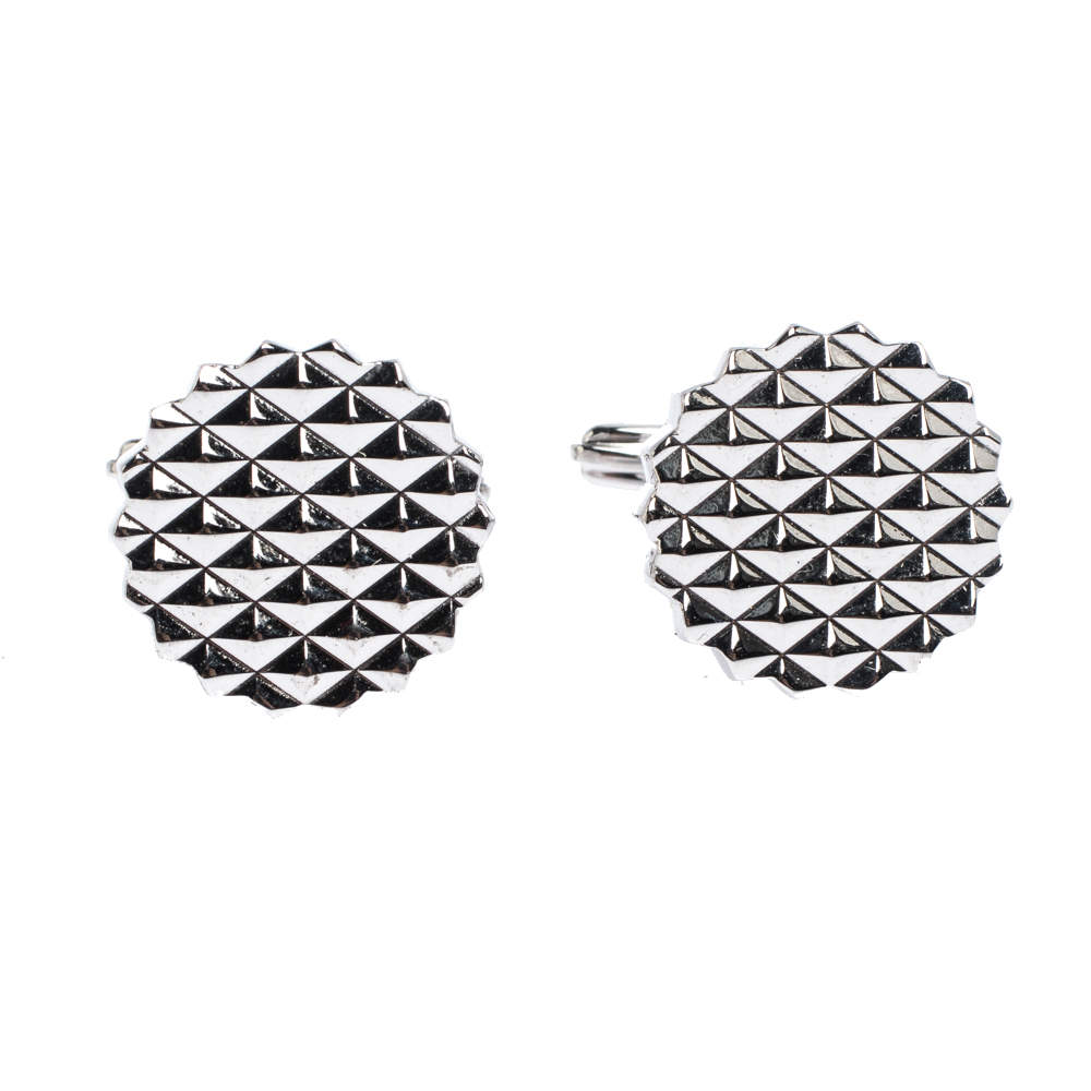 Pre Owned Lanvin Engraved Silver Plated Round T-Bar Cufflinks