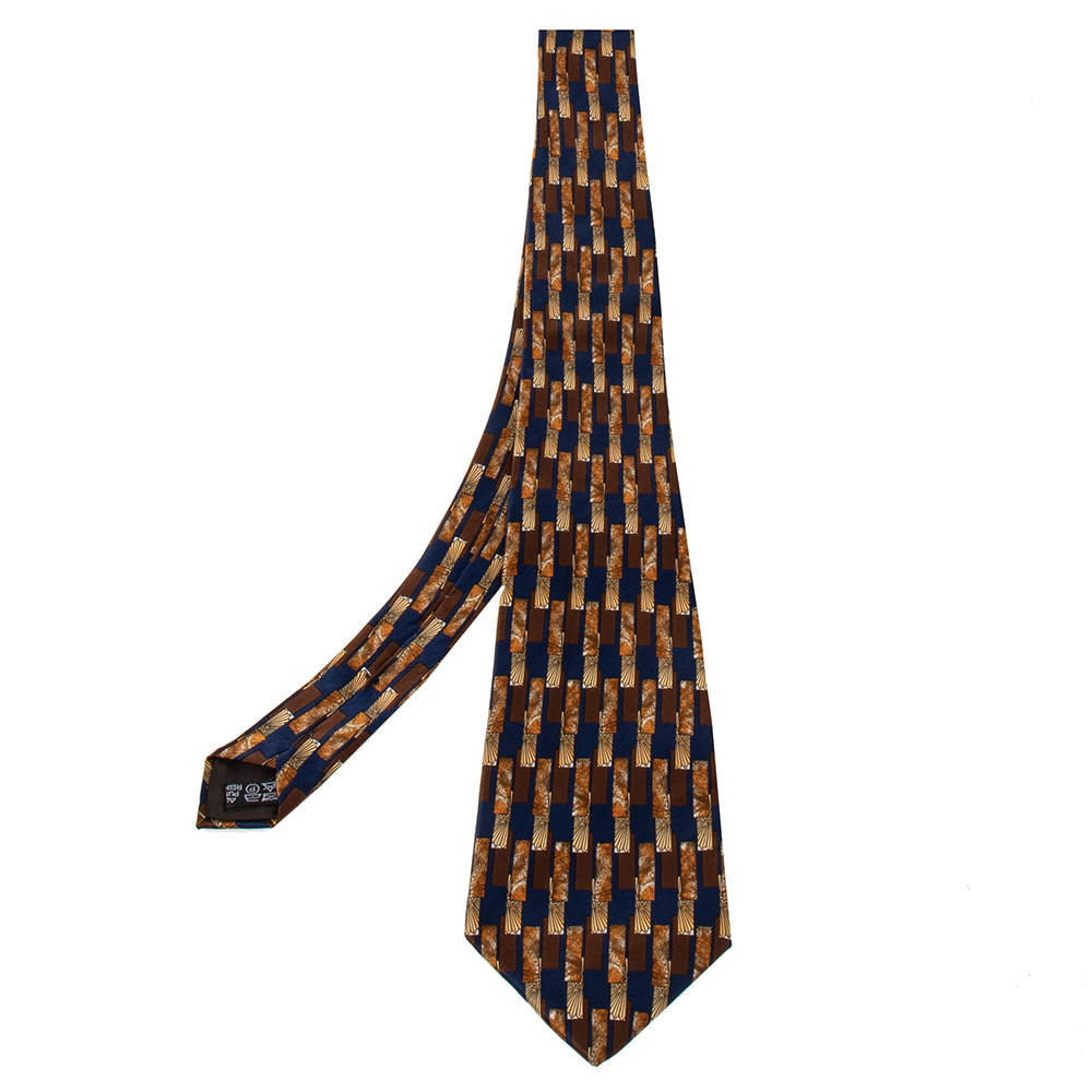 Pre Owned Lanvin Vintage Brown Geometric Printed Silk Traditional Tie