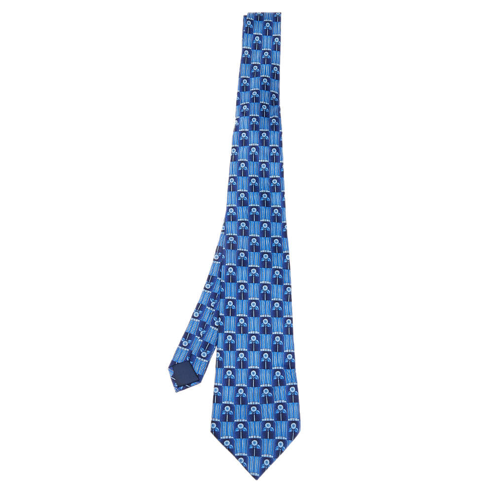 Pre Owned Lanvin Blue Floral Motif Silk Tie