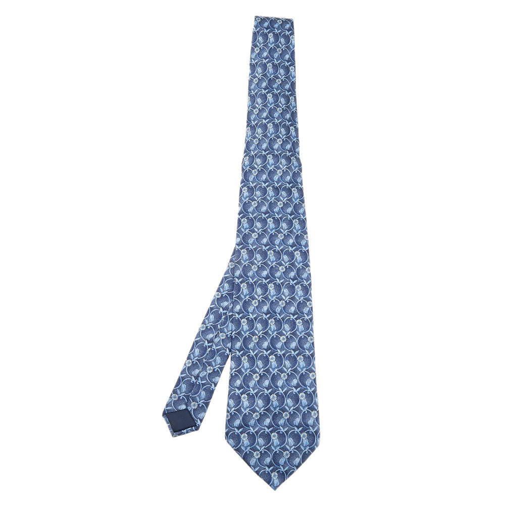 مملوكة مسبقًا ربطة عنق لانفان حرير زرقاء طباعة زهور