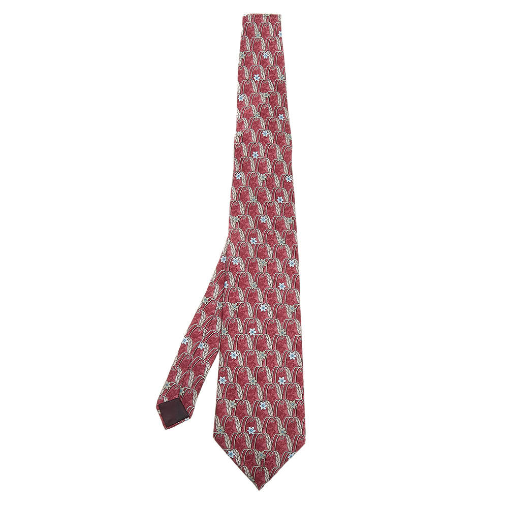 Pre Owned Lanvin Burgundy Floral Print Silk Tie