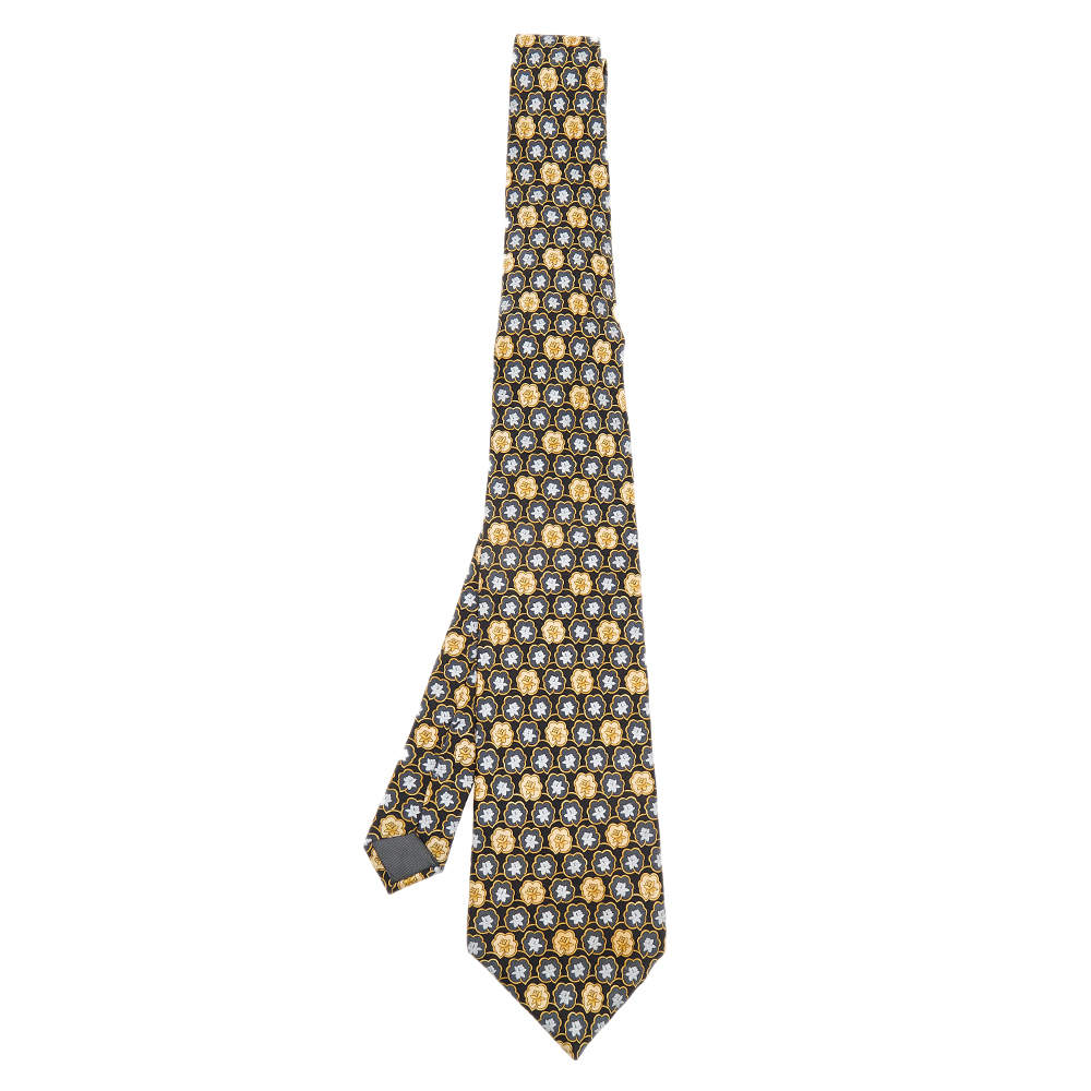 Pre Owned Lanvin Vintage Black Lotus Printed Silk Tie