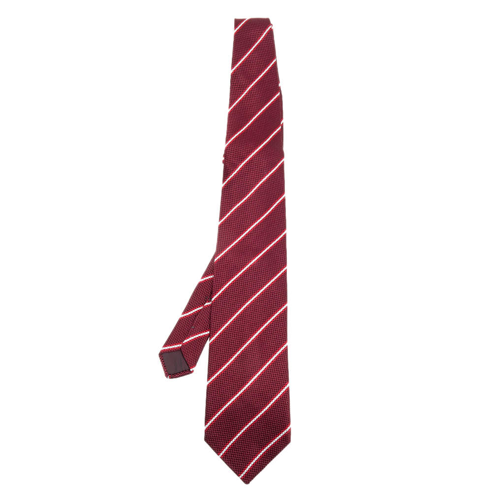 Pre Owned Lanvin Burgundy Striped Silk Jacquard Tie