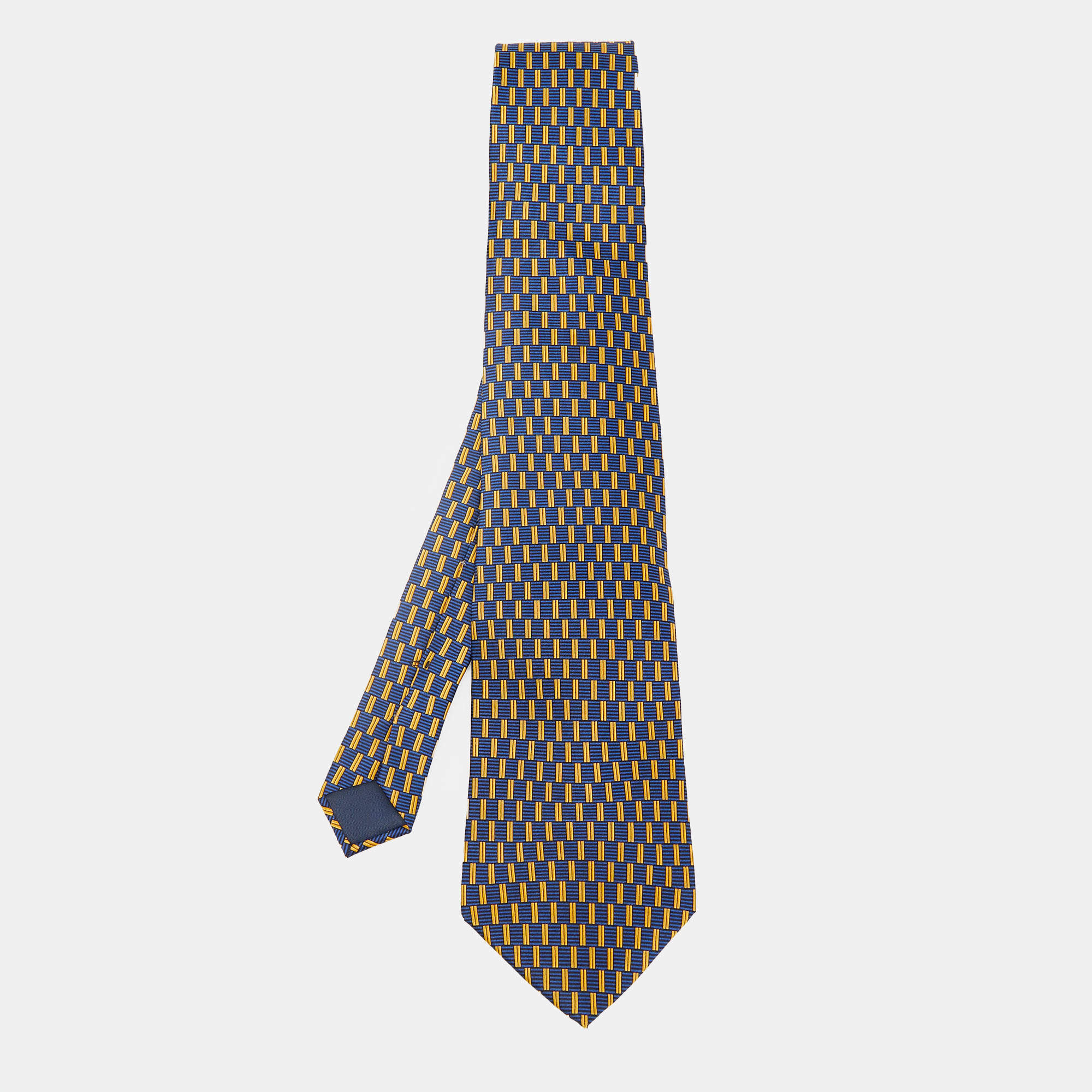 Lanvin Blue & Yellow Broken Stripe Print Silk Tie