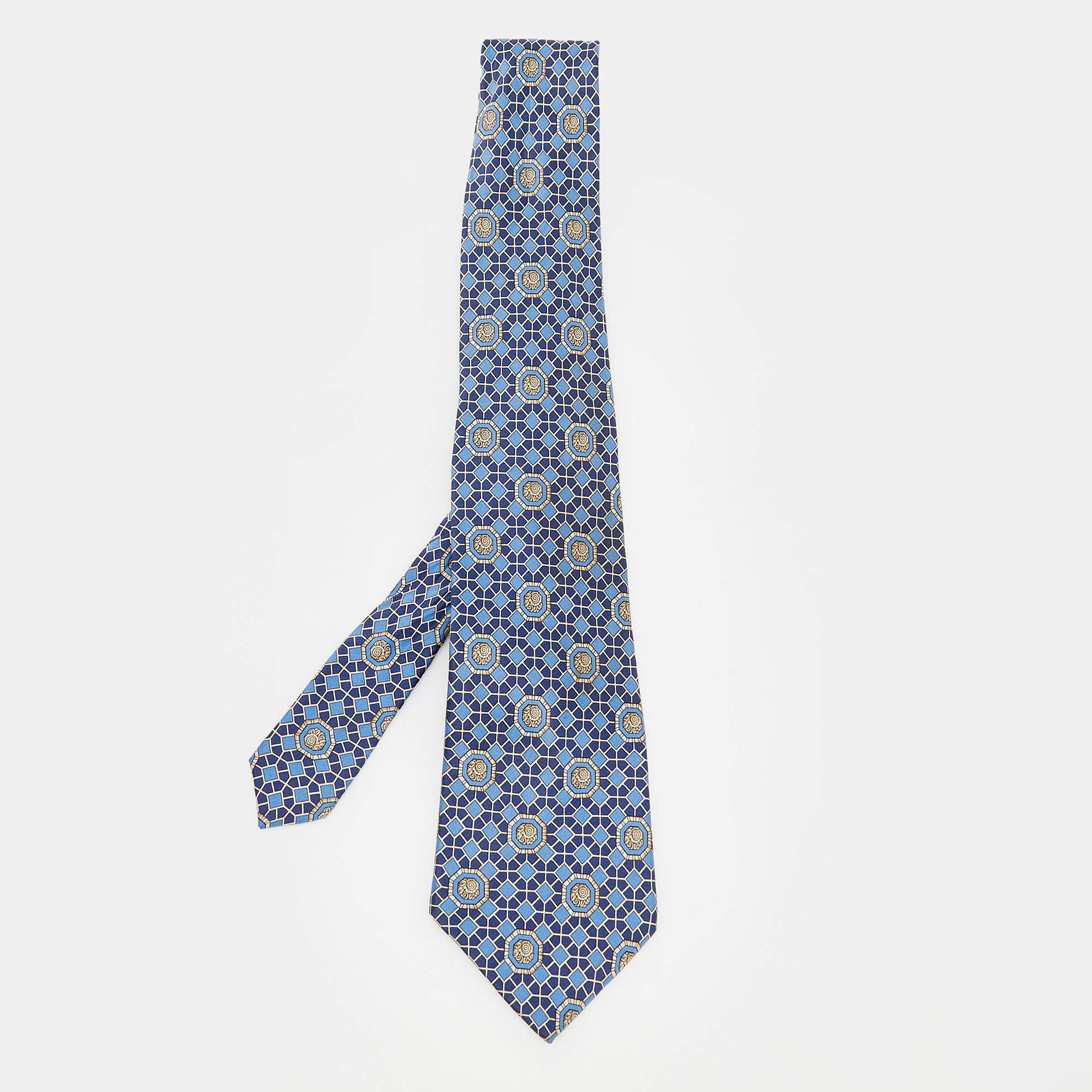 Pre Owned Lanvin Blue Geometric Motif Silk Tie