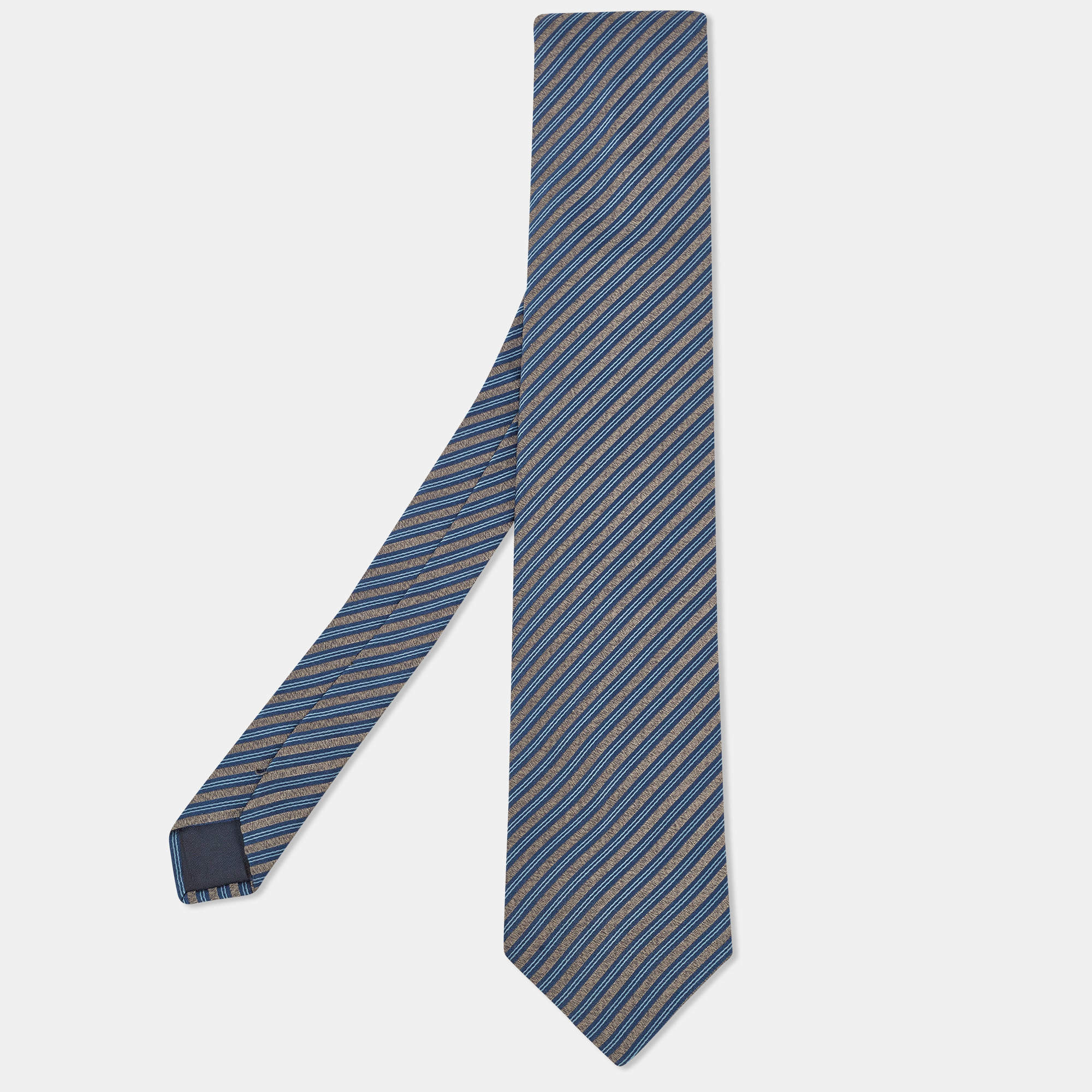 Pre Owned Lanvin Grey/Blue Diagonal Striped Silk Tie