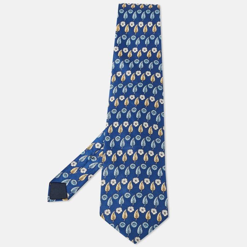 Pre Owned Lanvin Blue Leaf Print Satin Silk Traditional Tie 