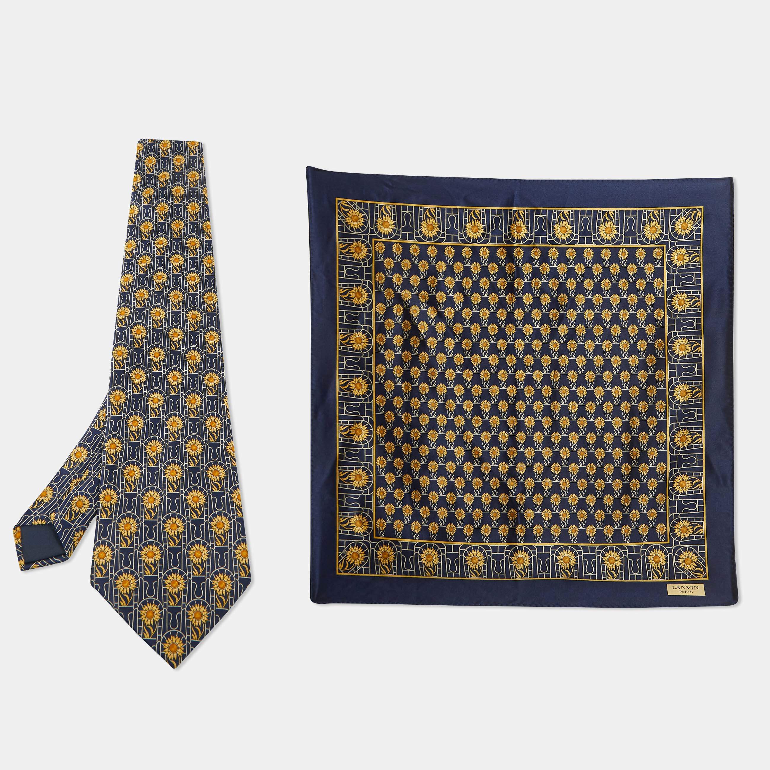 Lanvin Navy Blue Floral Print Satin Silk Pocket Square and Tie 