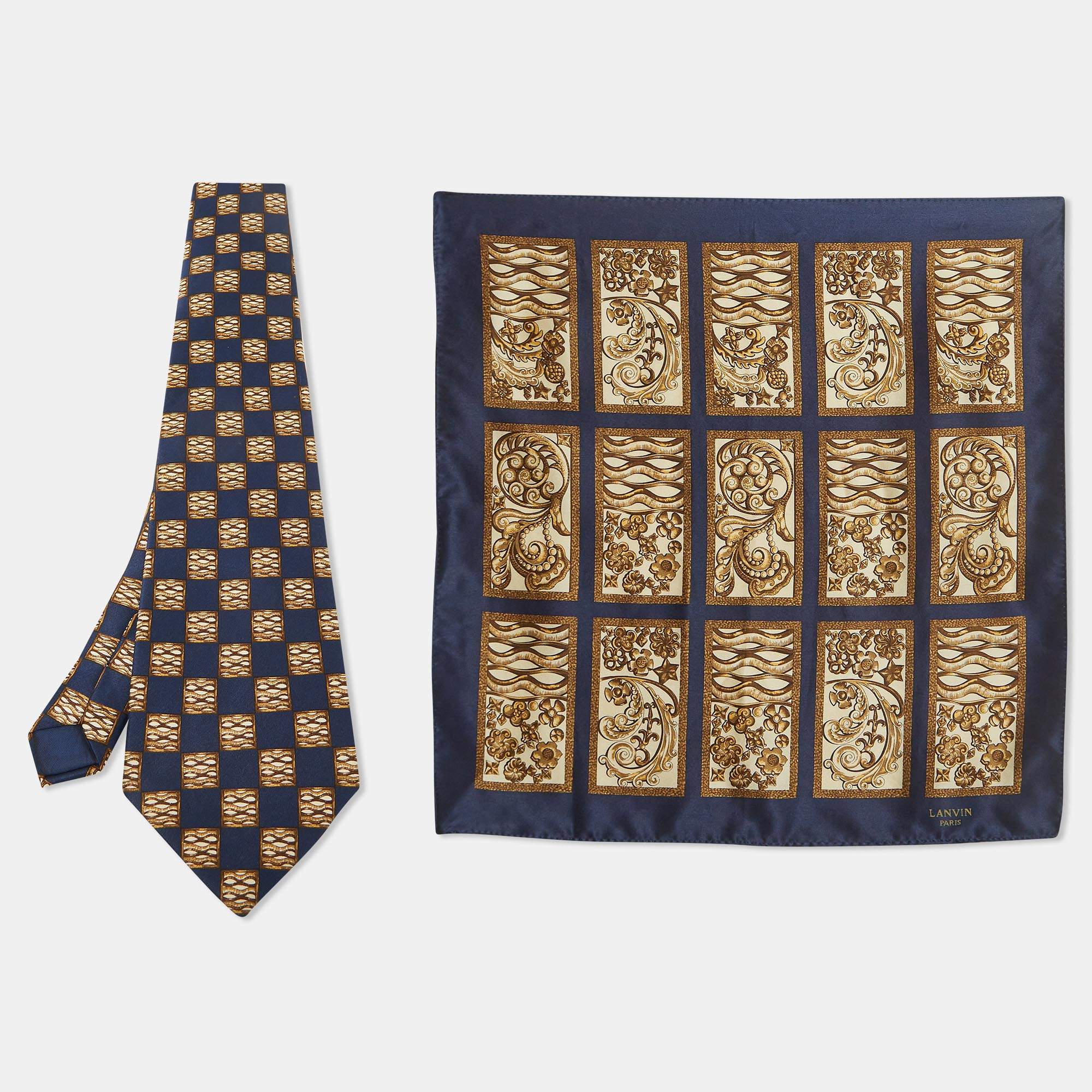 Pre Owned Lanvin Blue Printed Satin Silk Pocket Square and Traditional Tie 