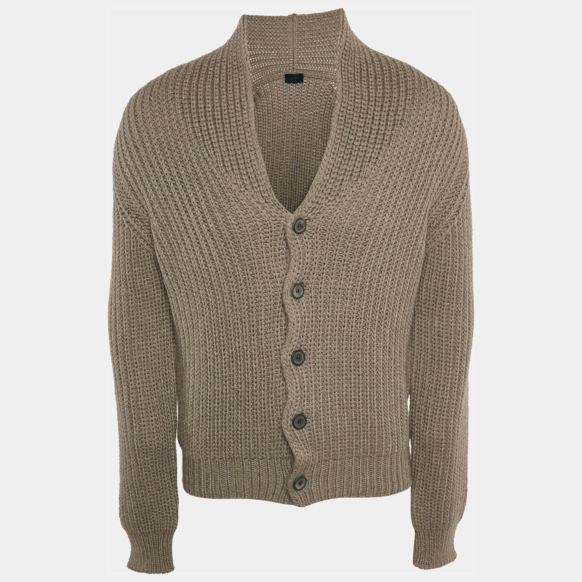 Pre Owned Lanvin Grey Rib Knit Wool Buttoned Cardigan M