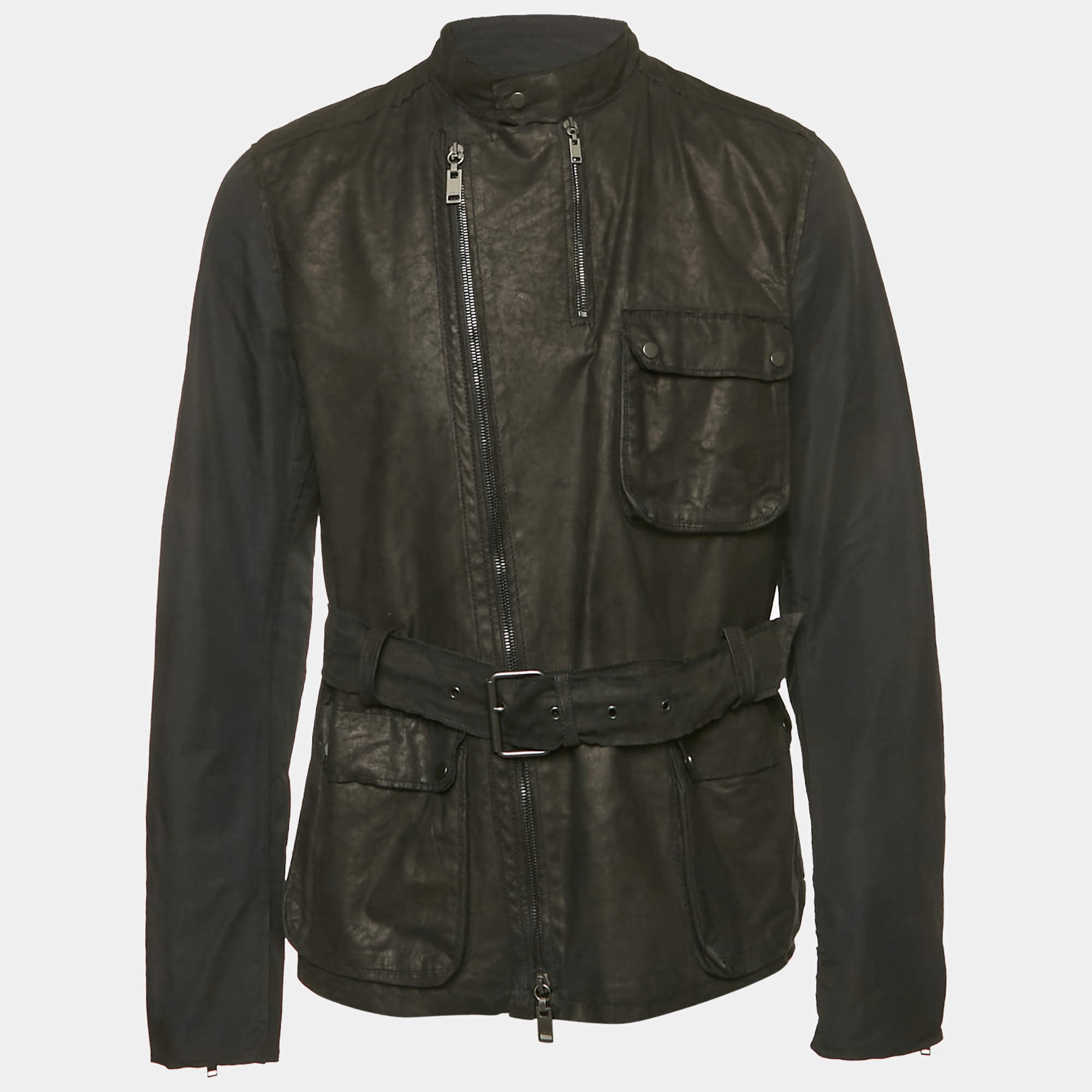 Pre Owned Lanvin Black Leather and Synthetic Zip-Up Jacket M