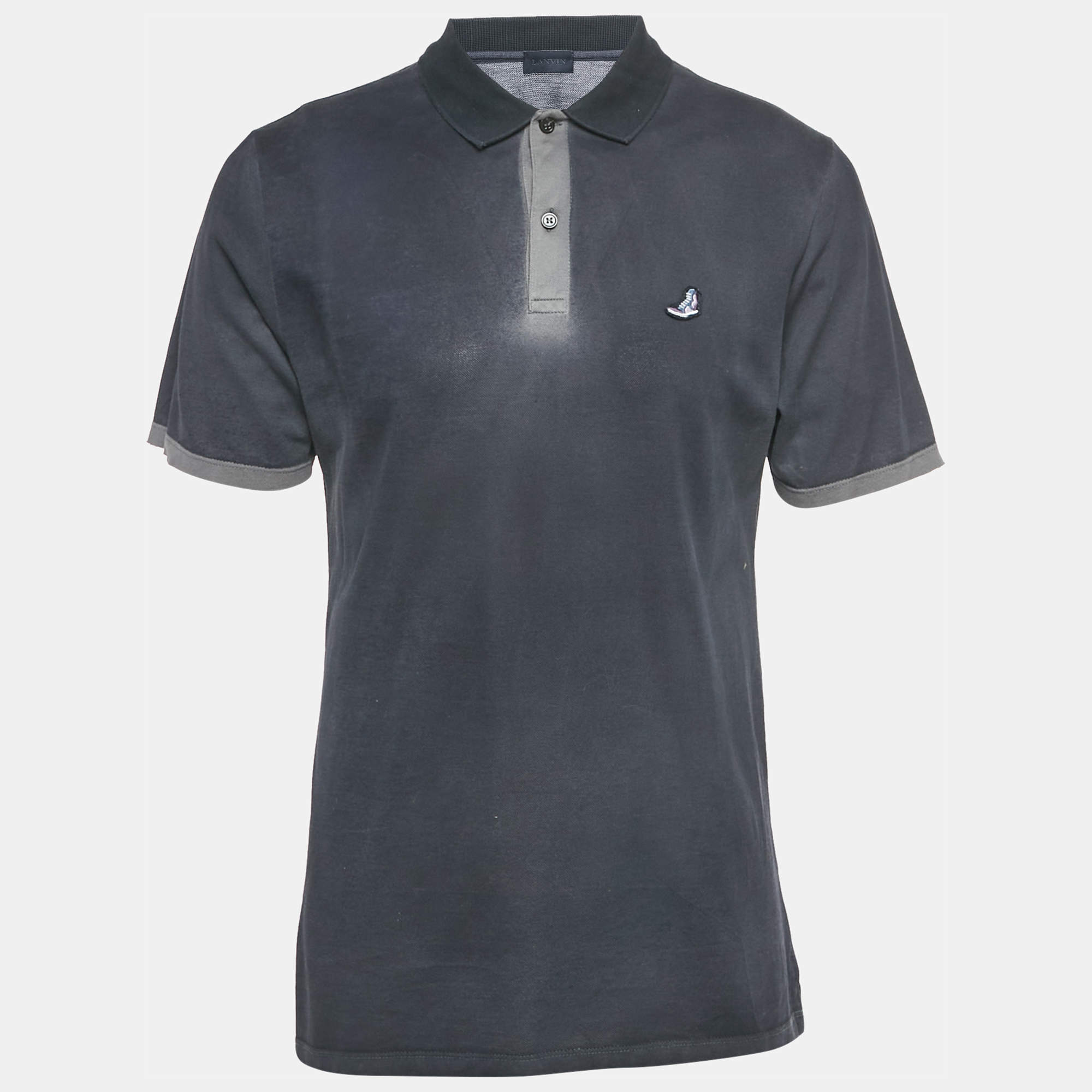 مملوكة مسبقًا Lanvin Navy Blue Embroidered Cotton Distressed Polo T-Shirt XL 