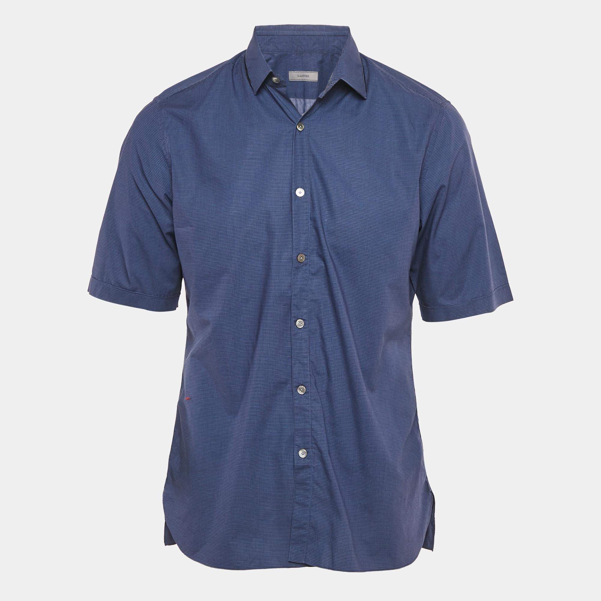 Pre Owned Lanvin Blue Checks Cotton Short Sleeve Shirt L