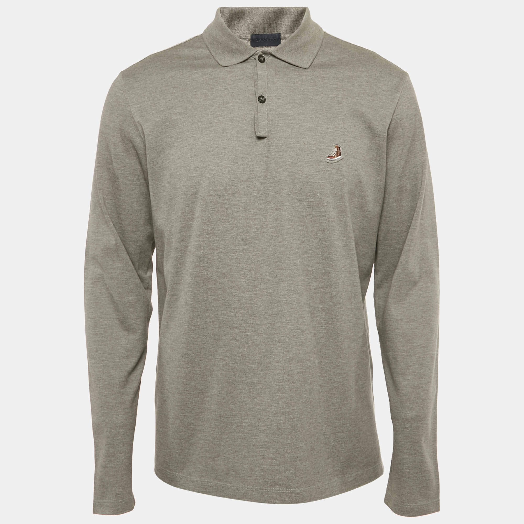 Pre Owned Lanvin Grey Cotton Patch Detail Full Sleeve Polo T-Shirt M